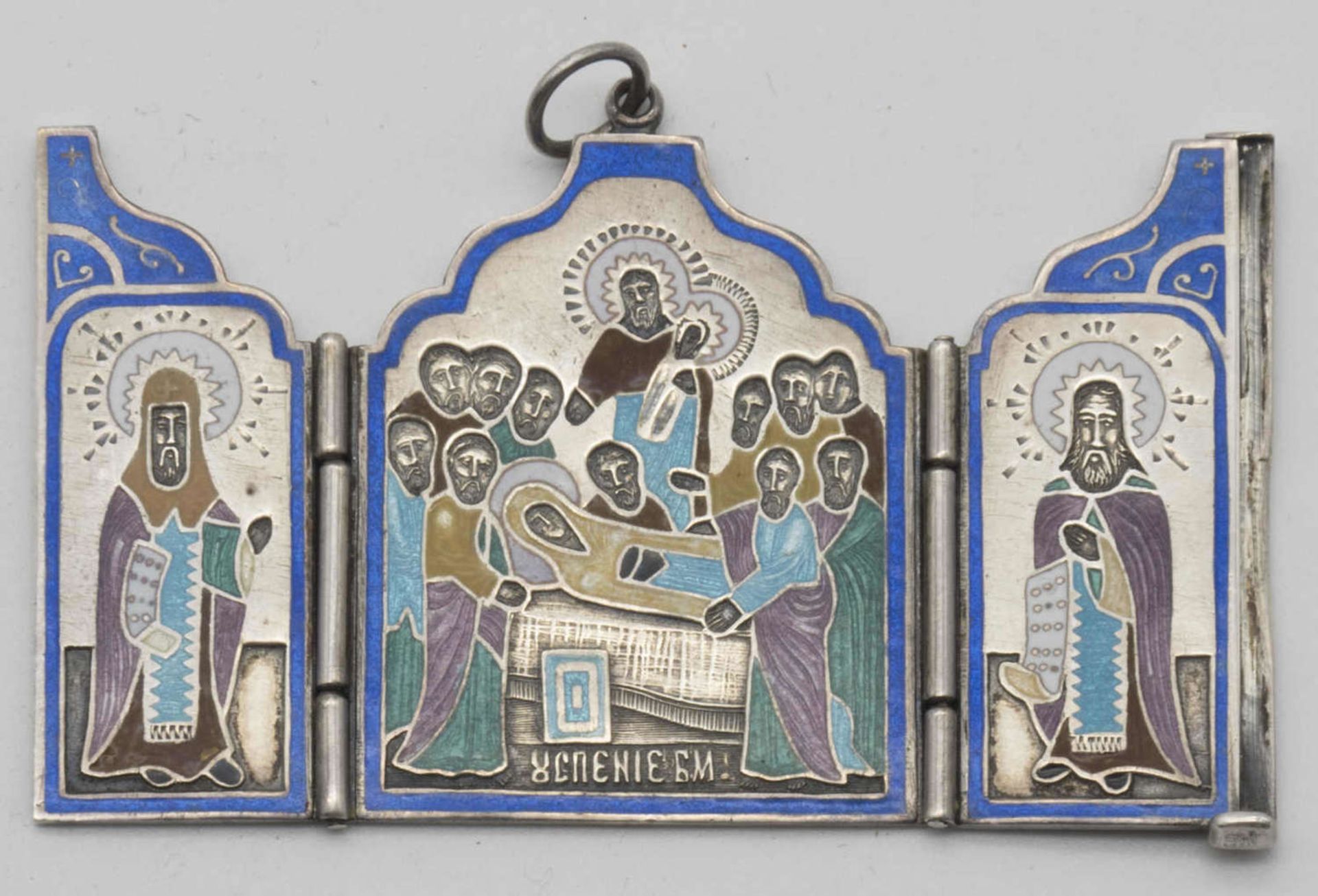 Ikonen Triptychon als Schmuckanhänger, 32x40 mm als Klappaltar. Mitte: Maria Himmelfahrt, sowie