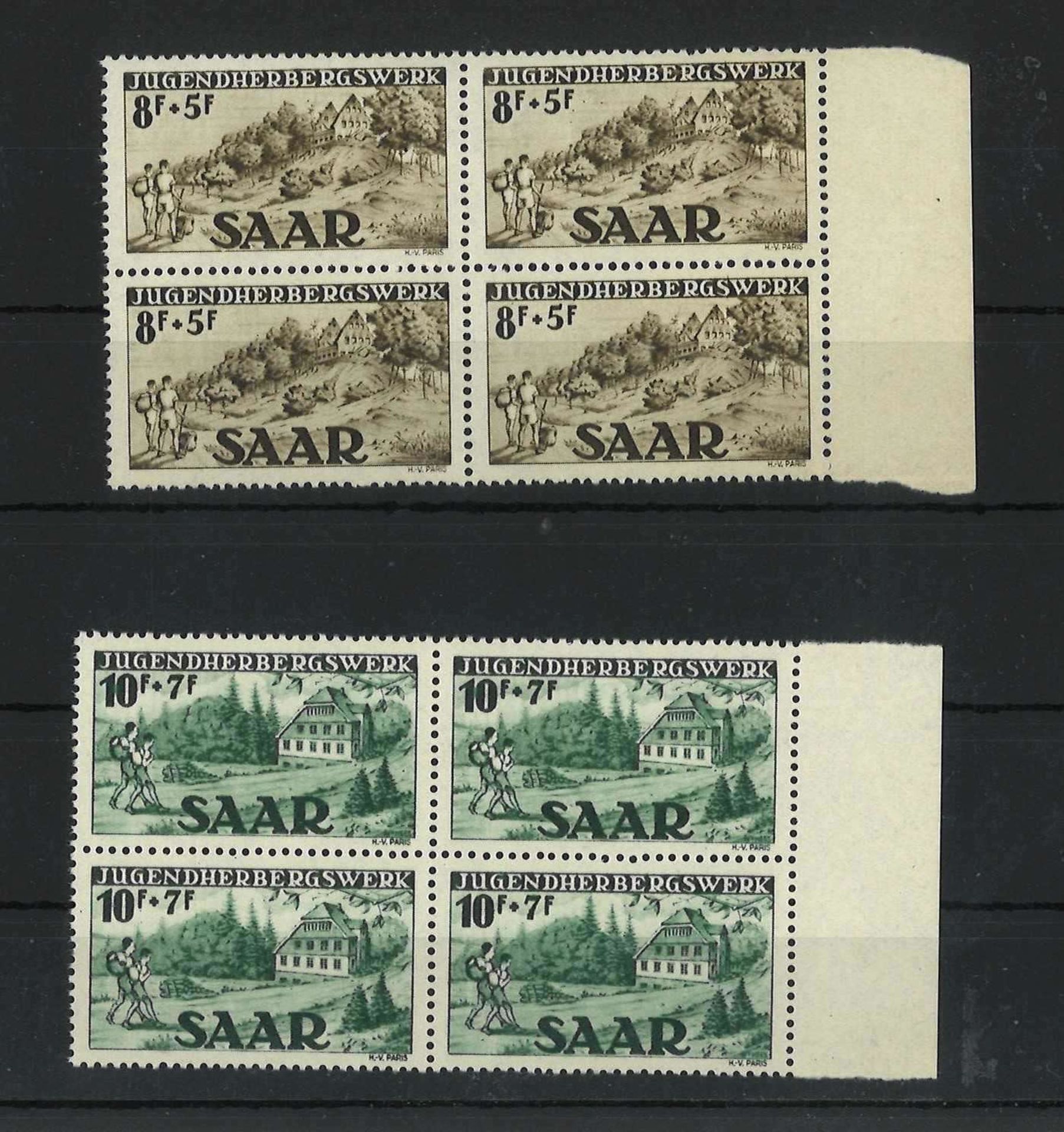 Saarland 1949, MI 262I 263II, Viererblock, Jugendherbergswerk, postfrischSaarland 1949, MI 262I