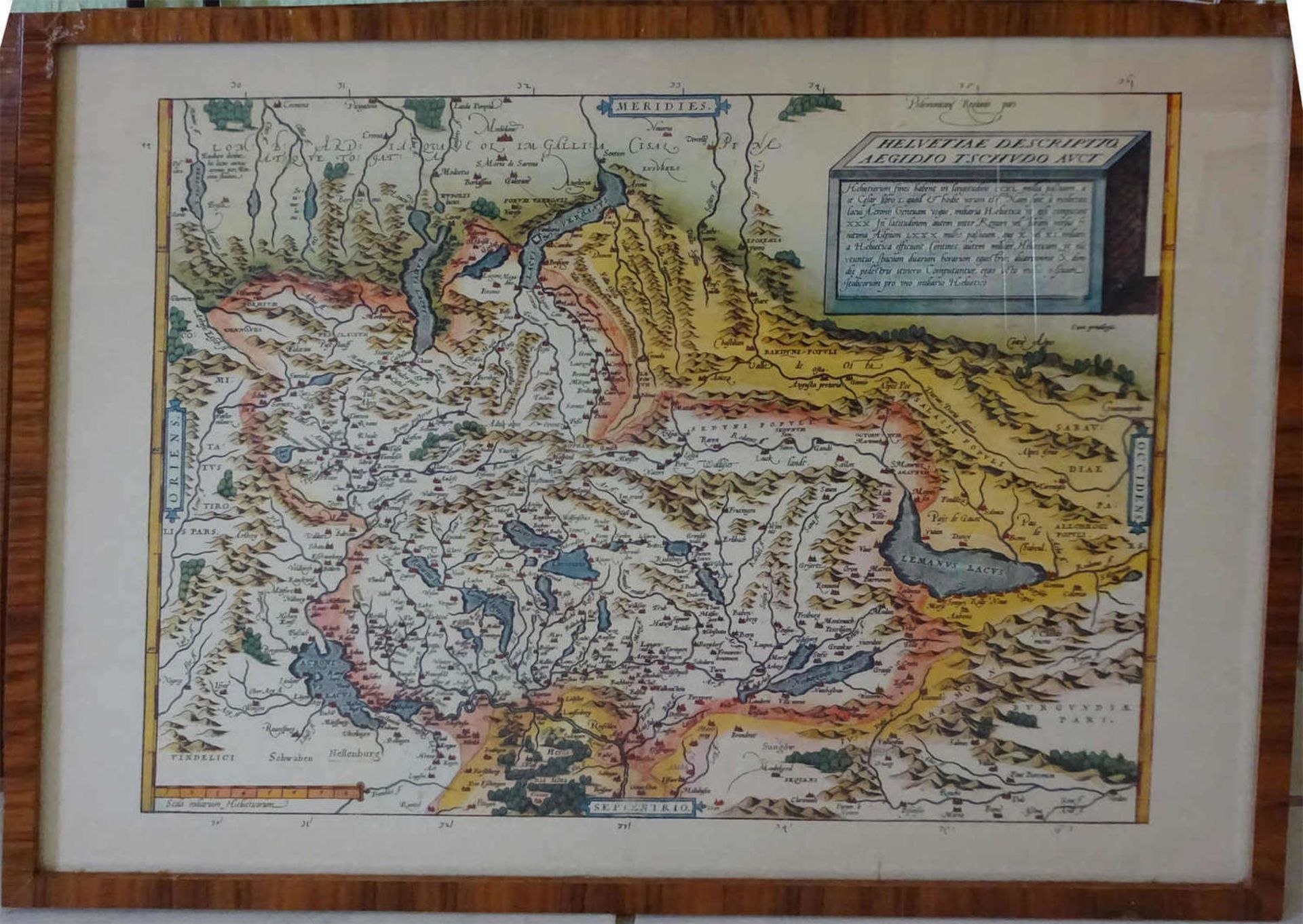 Landkartenstich von Schweiz. Maße: ca. 60x45 cm. Gerahmt.Map of Switzerland. Dimensions: approx.