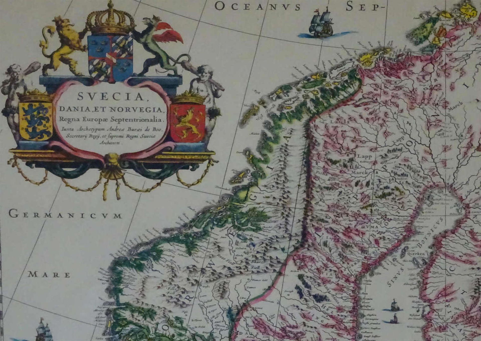 Landkartenstich von Skandinavien. Maße: ca. 60x45 cm. Gerahmt.Map engraving of Scandinavia. - Image 2 of 2