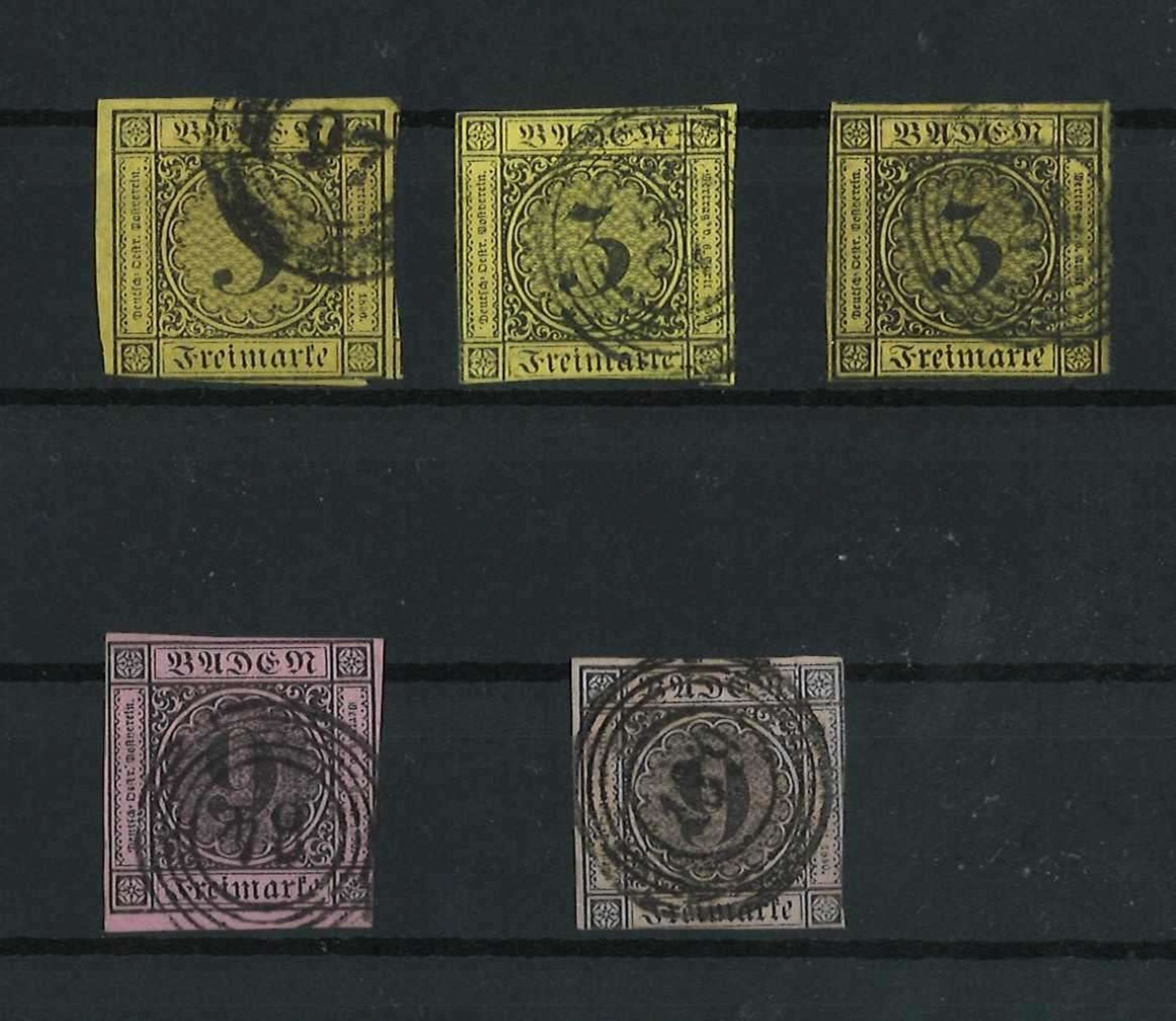Altdeutschland Baden 1851-1858, Mi Nr. 3b(3x), 4b, Freim.Ziffern im Kreis, gestempeltOld Germany