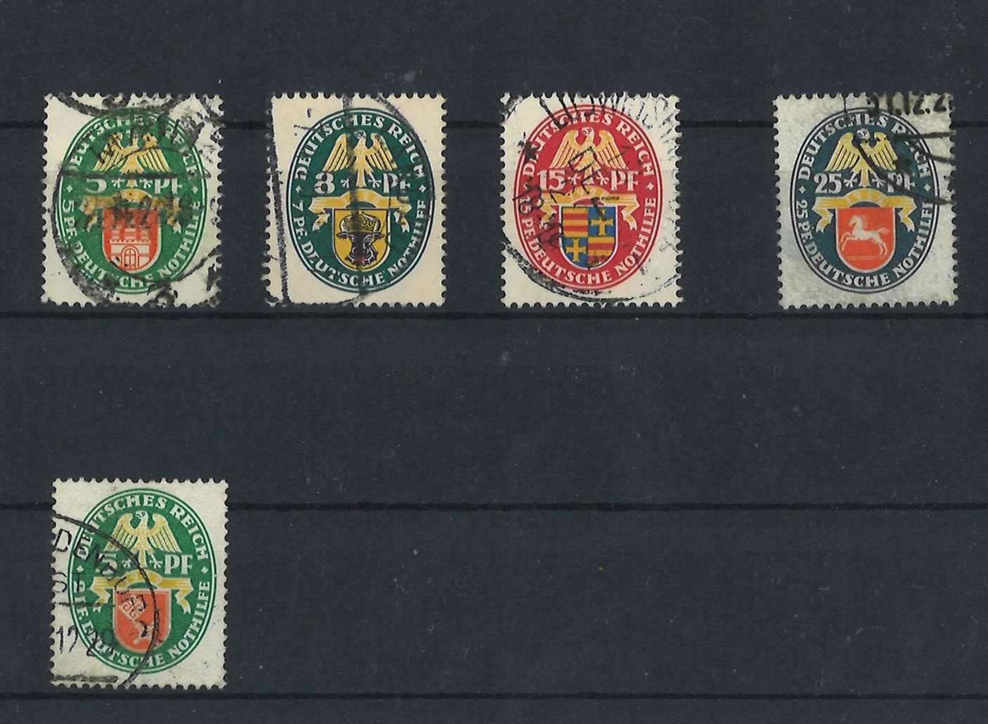 Deutsches Reich 1928, Mi 425y - 428y, dt. Nothilfe Landeswappen + 1929, MI 430, Nothilfe