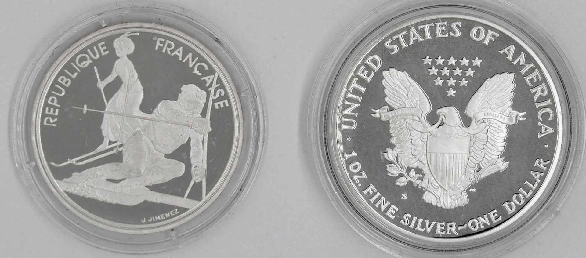 Zwei Silbermünzen: 1 x USA 1991 1 Dollar, 1 oz. Silber und 1 x Frankreich 1990 100 Francs " - Bild 2 aus 2