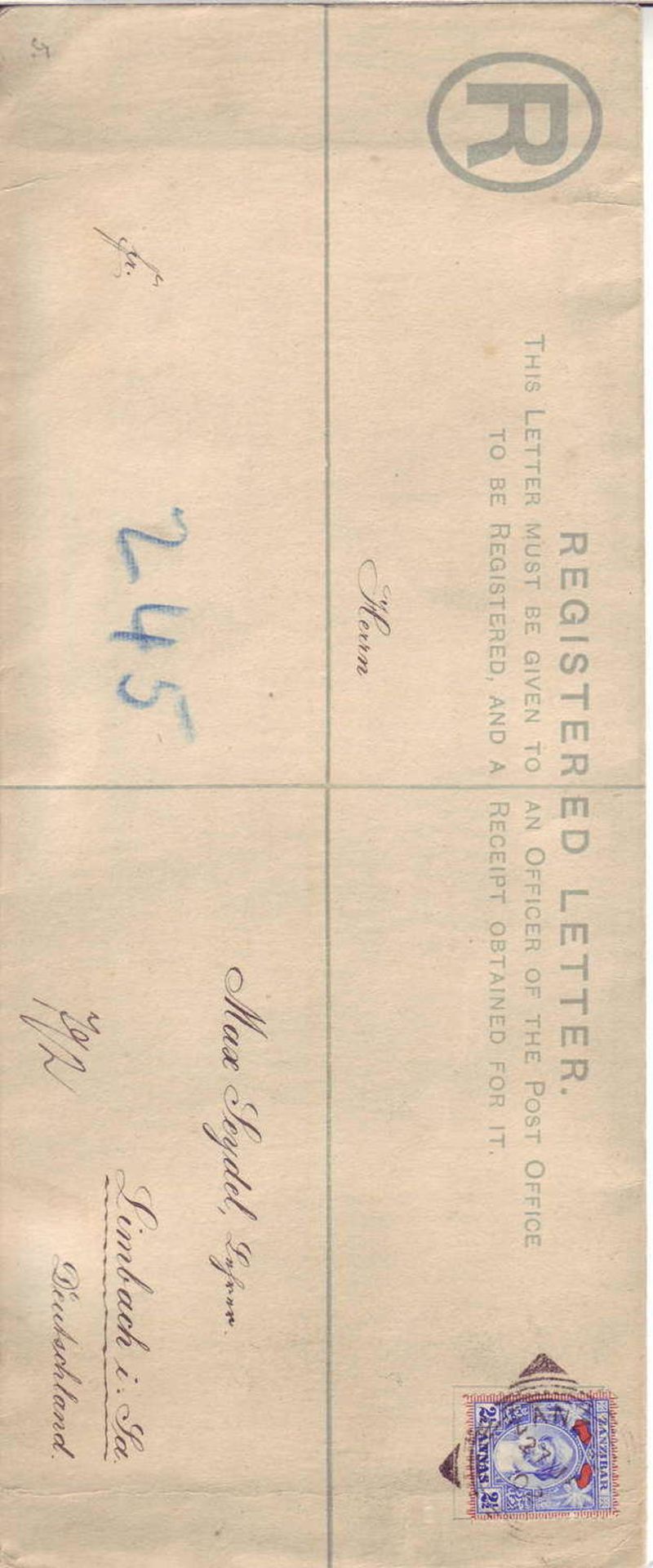 Sansibar 1902, R - Brief nach Limbach / Sa.. Mit Ankunftsstempel 17.02.02.