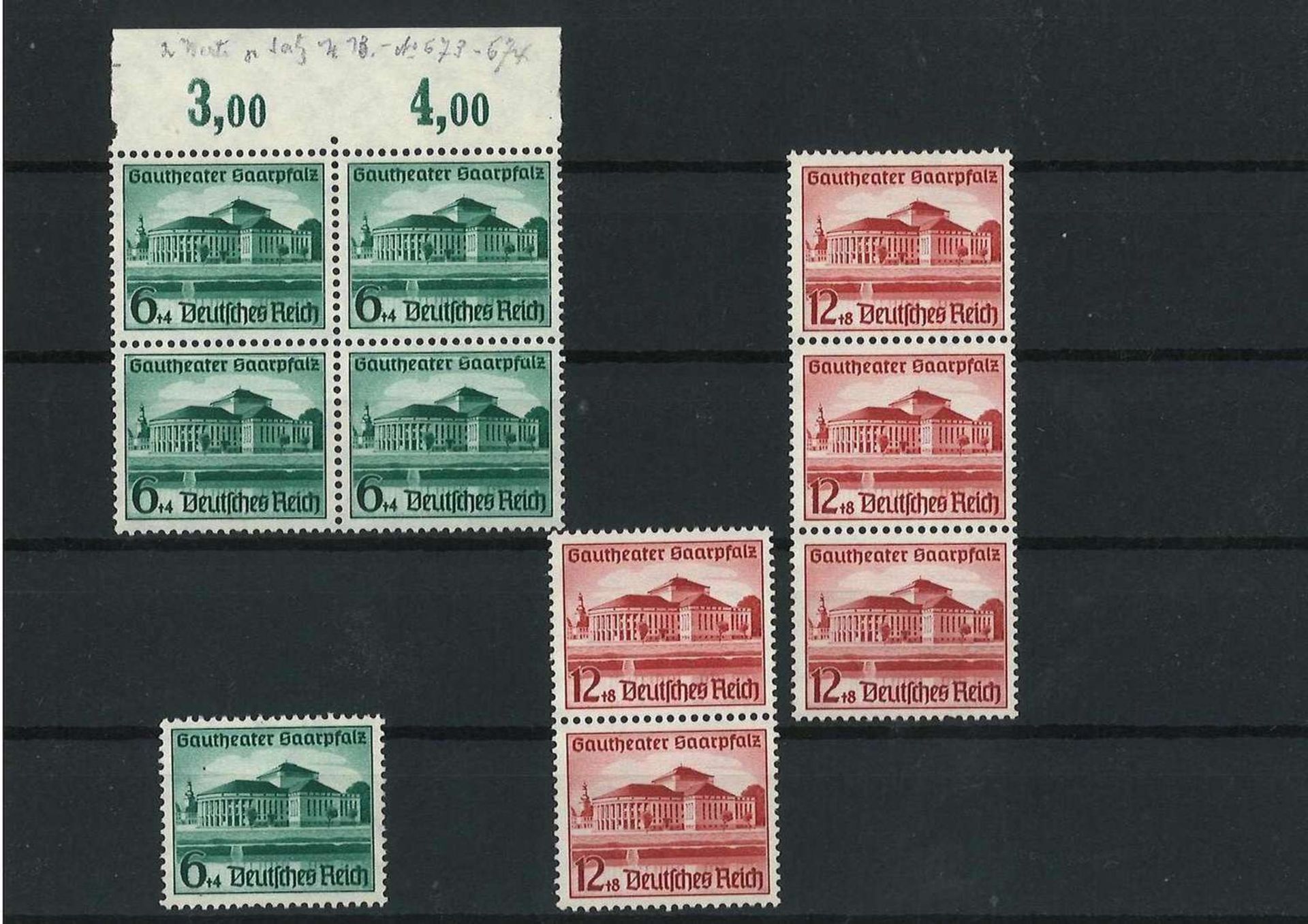 Deutsches Reich 1938, MI : 5 x 673-674, Eröffnung des Gautheaters, postfrischGerman Reich 1938,