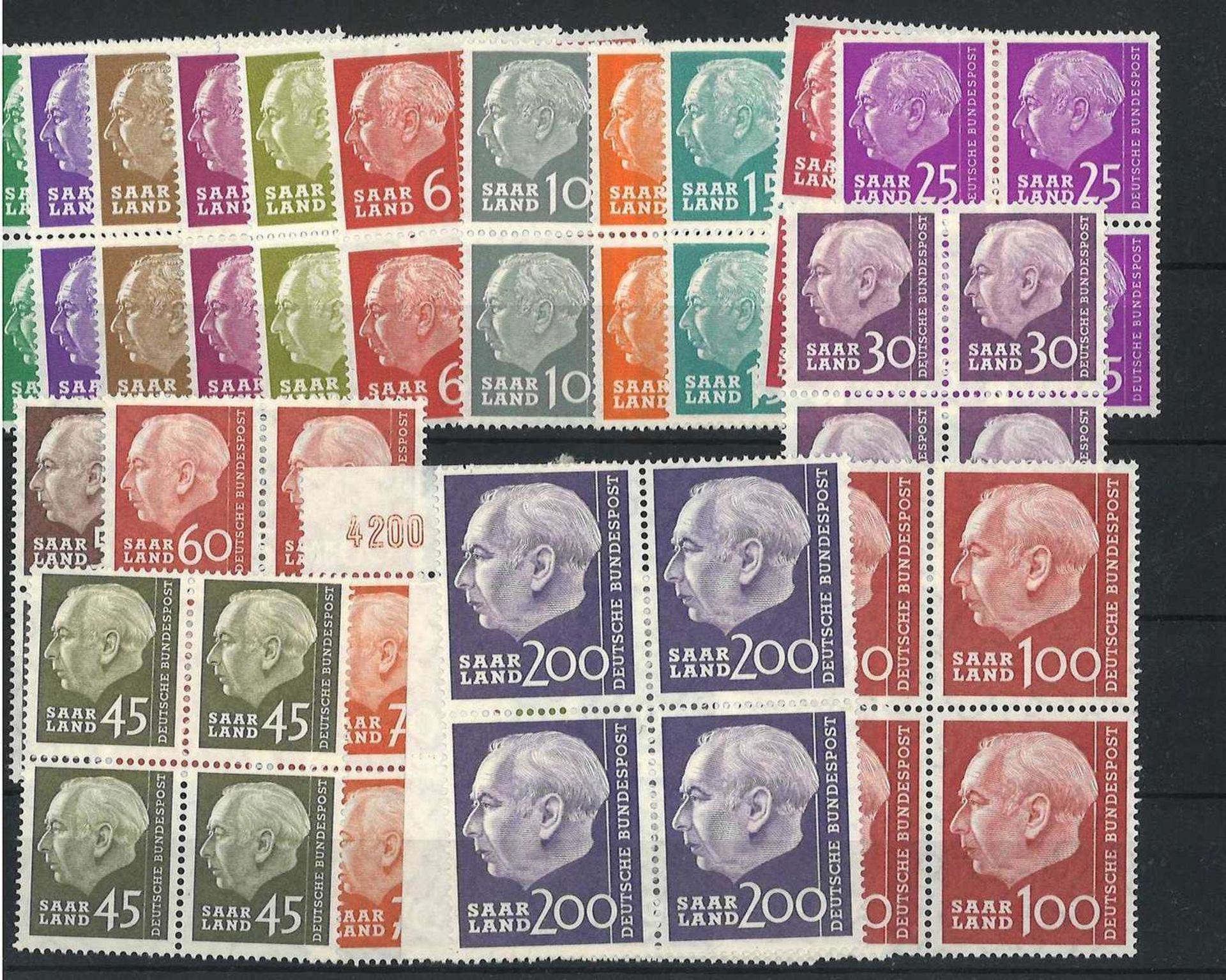 BRD, Saarland, 1957, MI 380 - 399, 4er Block, BPr. Heuss ohne Währungsbezeichnung, postfrischFRG,