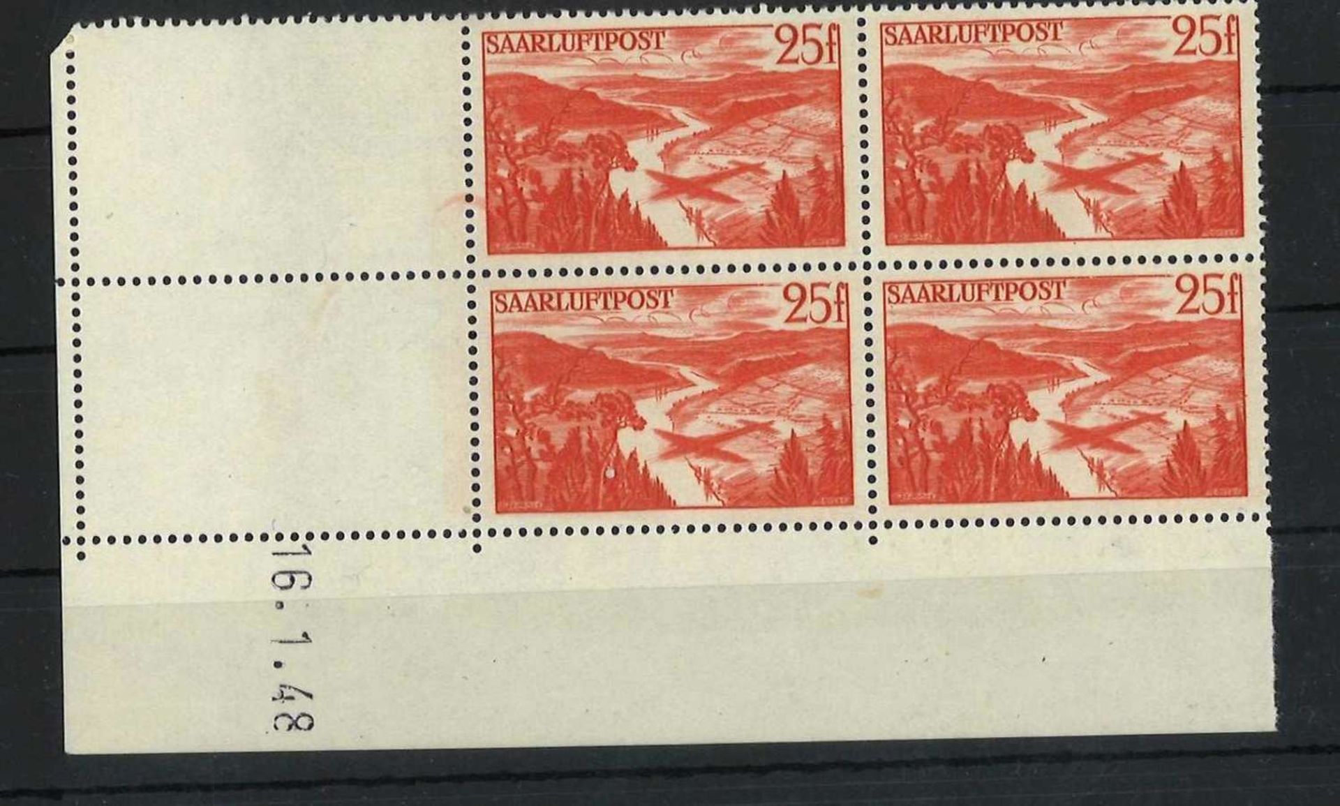 Saarland 1948, MI 252 / 252 Br, Vierer, mit Leerfeld und Druckdatum, postfrischSaarland 1948, MI