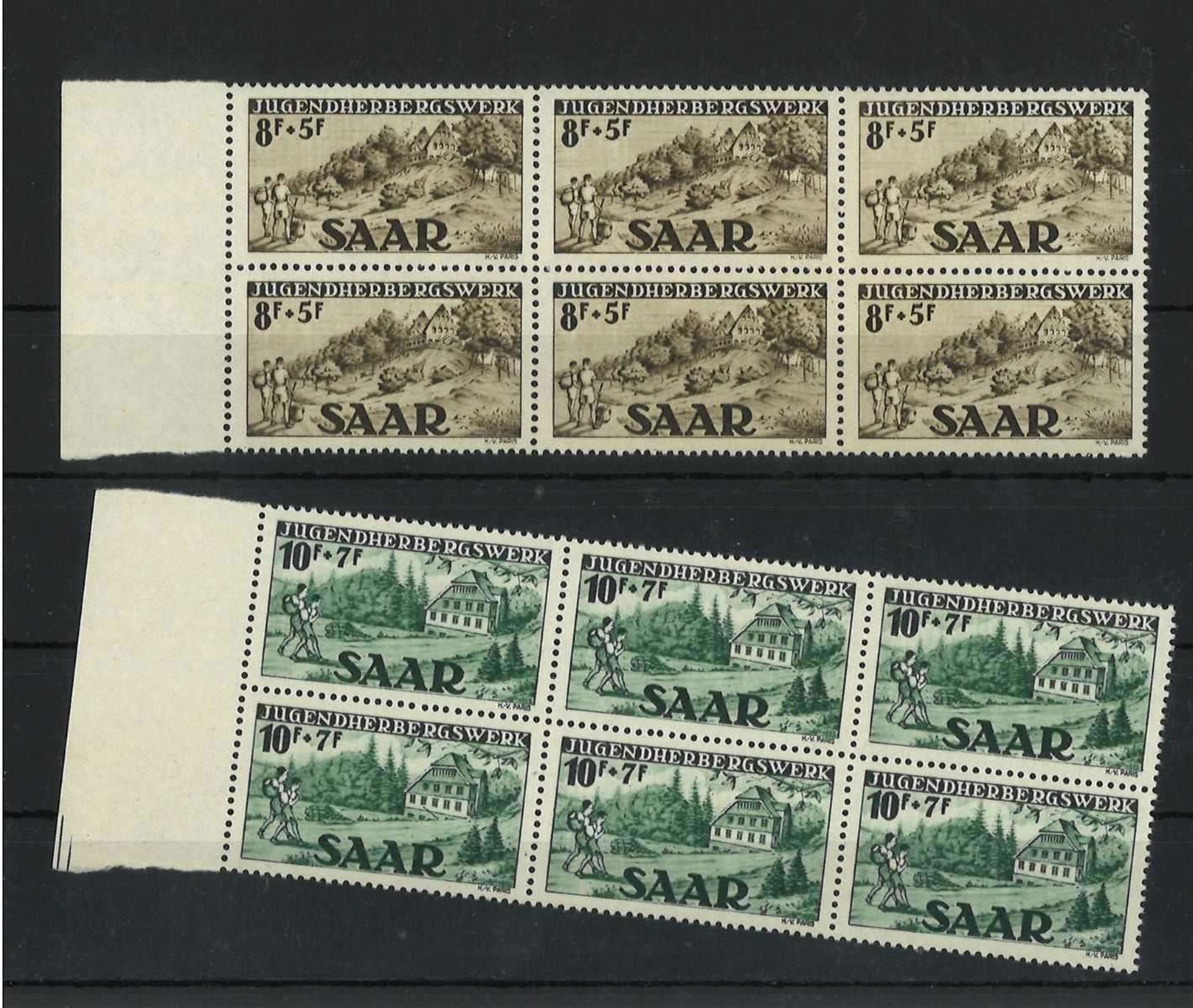 Saarland, 1949, MI 262I - 263II, 6er Block, Jugendherbergswerk, postfrischSaarland, 1949, MI