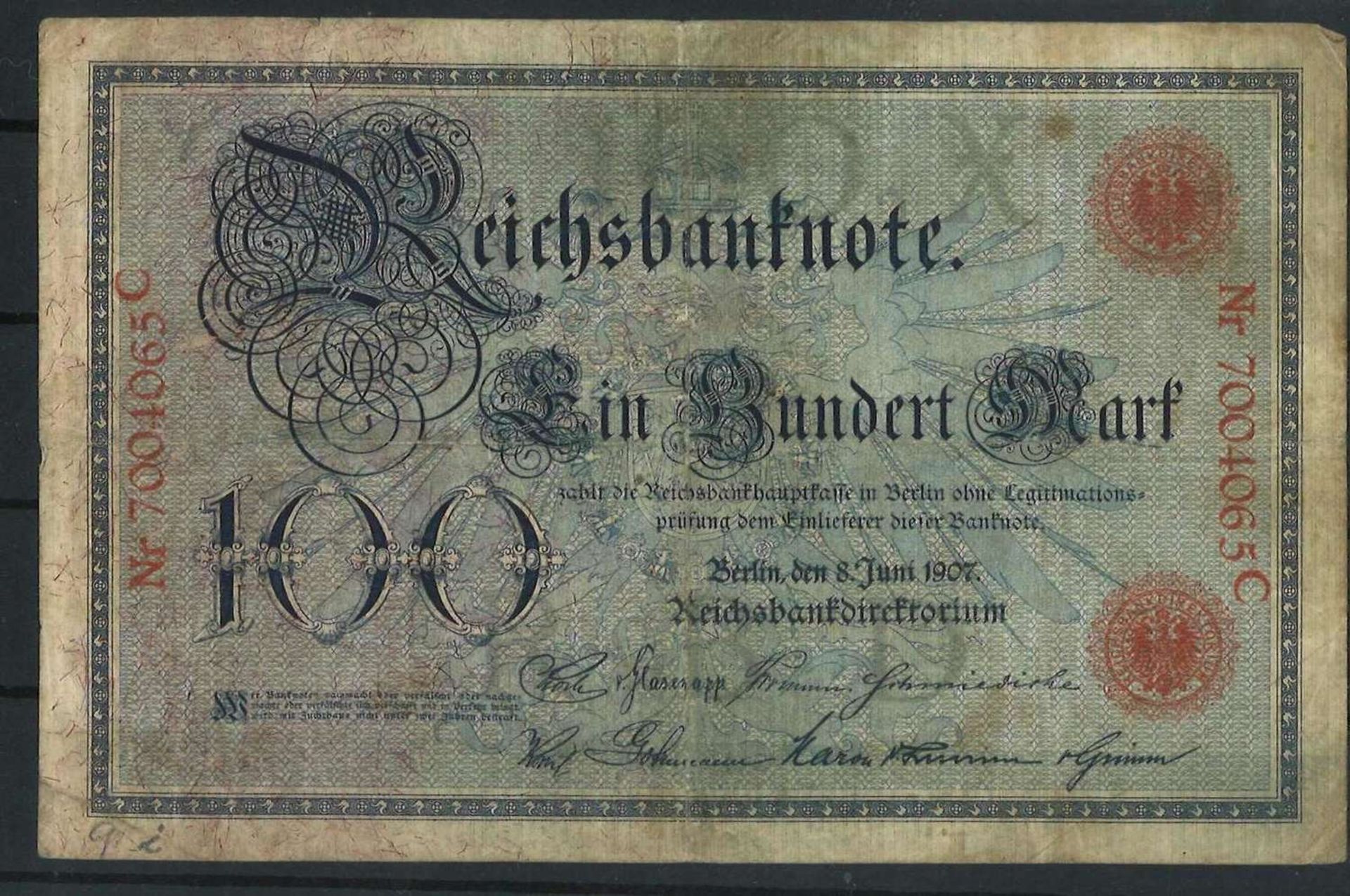 Deutsche Reichsbank 8.6.1907, Rosenberg Nr. 30, 100 Mark, Zustand IVGerman Reichsbank 8.6.1907,