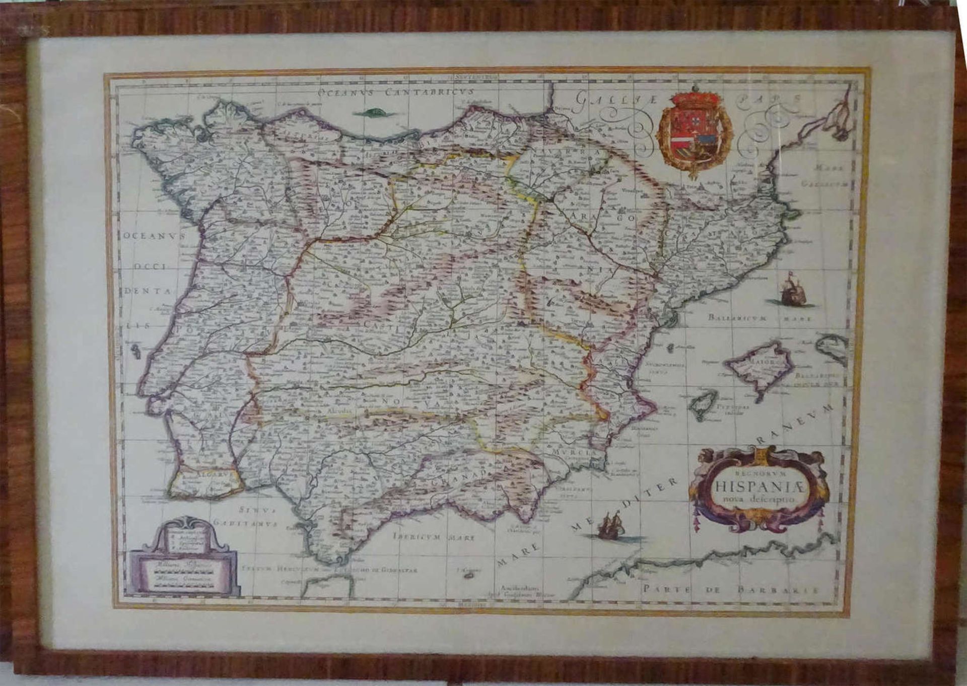 Landkartenstich von Spanien. Maße: ca. 60x45 cm. Gerahmt.Map engraving of Spain. Dimensions: approx.