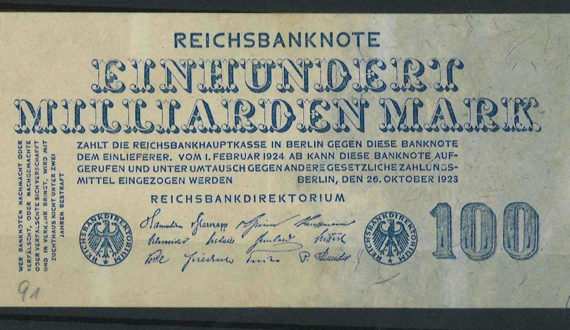 Weimarer Republik, Einhunder Milliarden Mark, Rosenberg 123, Zustand I-IIWeimar Republic, One