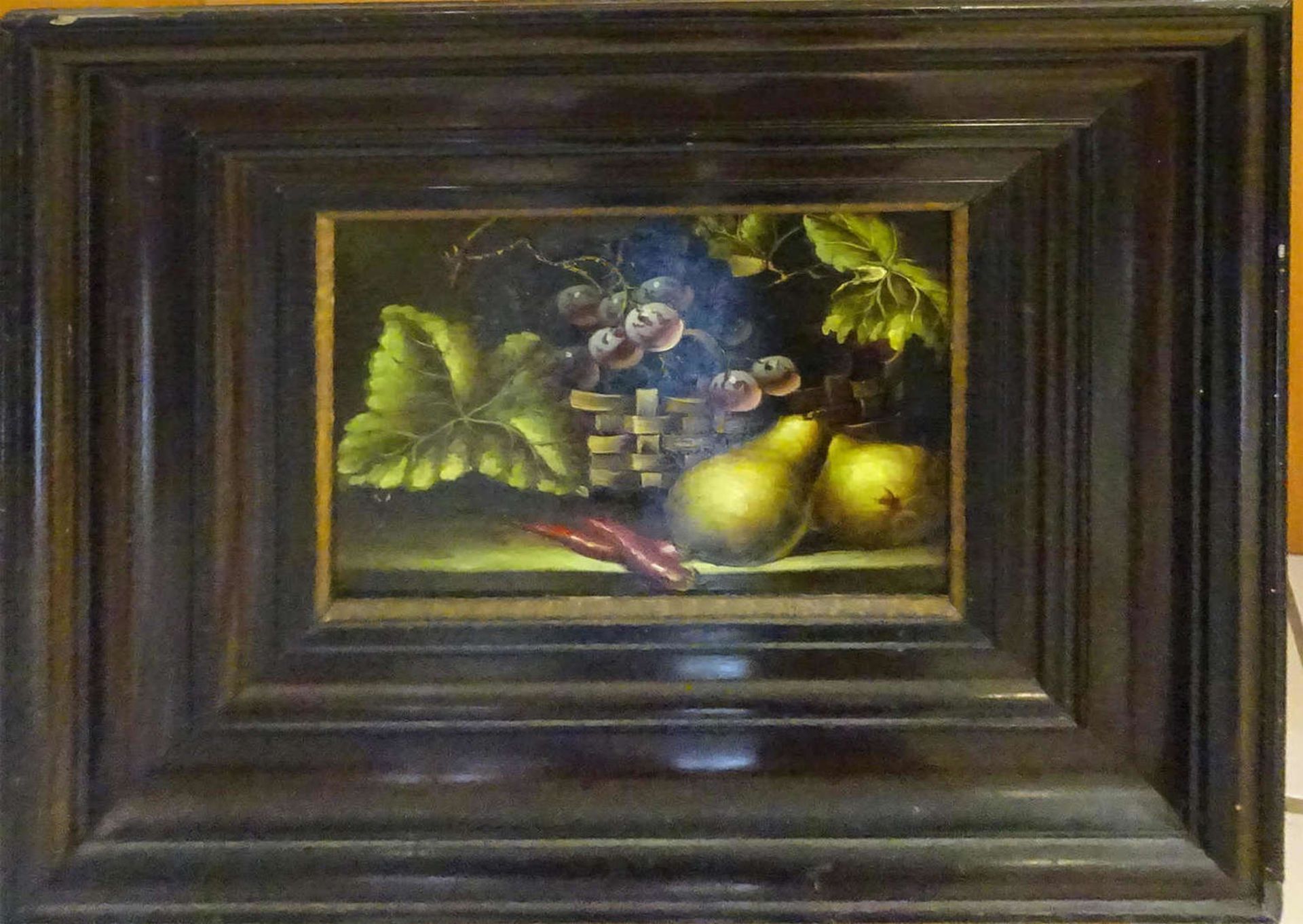 Ölgemälde auf Holz, Früchte-Stilleben. Sehr feiner Malstil. Maße; 39x34 cmOil painting on wood,