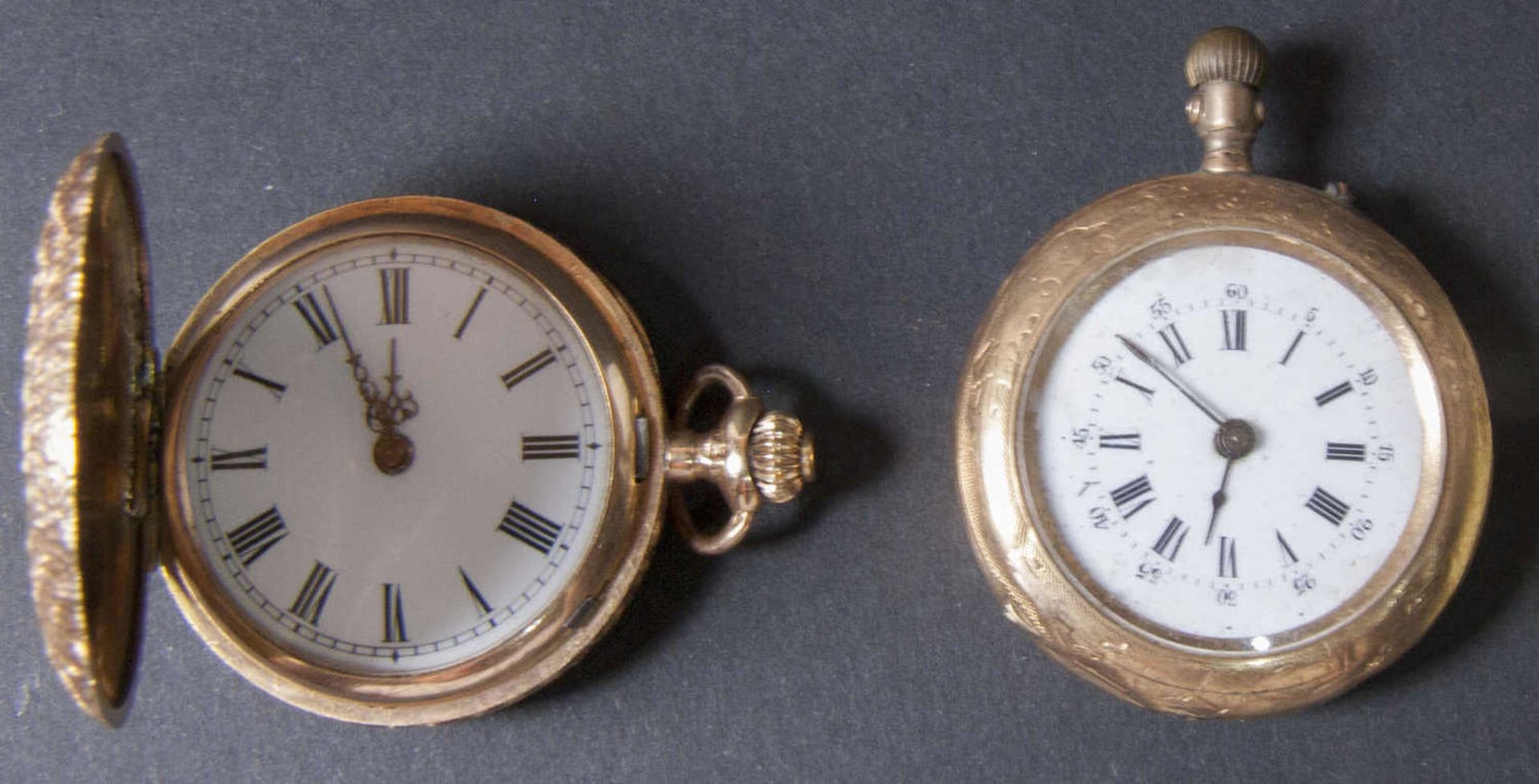 Zwei Damen - Taschenuhren, Gold 585 (geprüft - Gehäuse und Deckel). Gesamtgewicht: ca. 47,2 g. Die