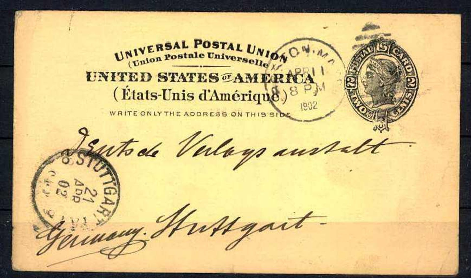 USA 1902, Ganzsache, gelaufen nach Stuttgart,USA 1902, postal stationery, used to Stuttgart,- - -