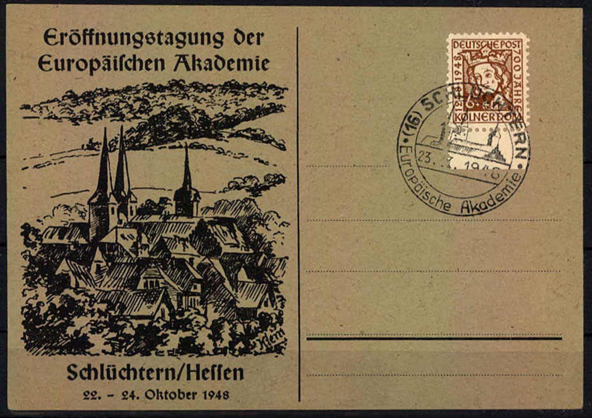 Alliierte Besetzung amerik./brit. Zone 1948, Mi.-Nr. 69 als EF auf Postkarte Schlüchtern / Hessen.