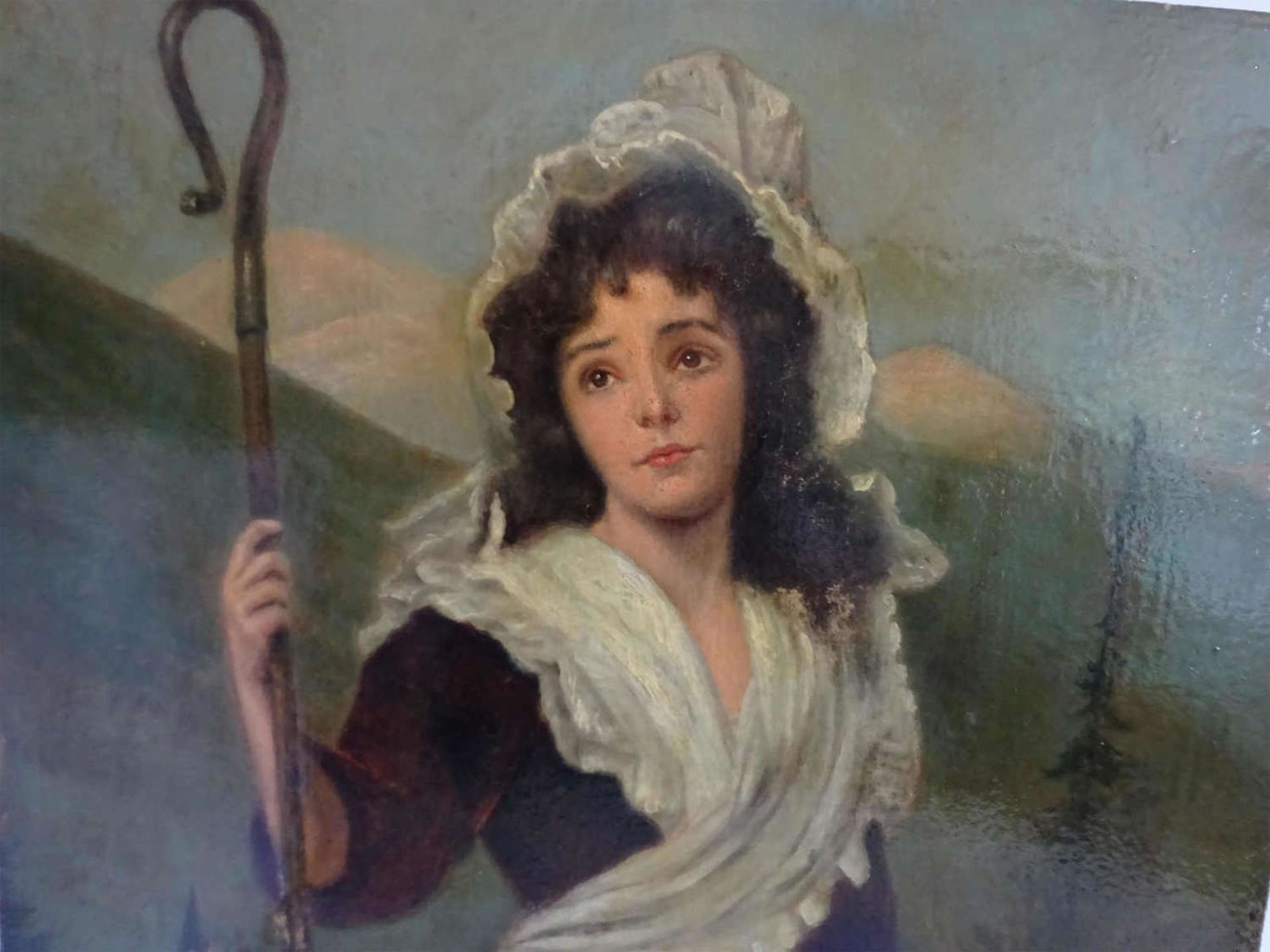 Gemälde "Holland Frau mit Hirtenstab" auf Holzplatte in alten Rahmen. Innenmaße: höhe ca. 50 cm, - Bild 2 aus 2