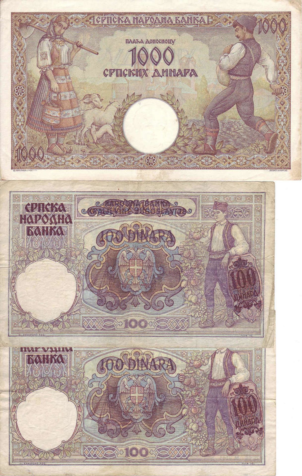 Serbien 19*41/42, kleines Lot Banknoten, bestehend aus: 1 x 500 Dinara (1941), 2 x 100 Dinara (