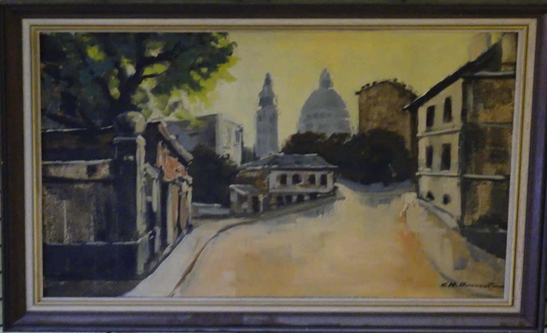 Charles Emil Brunner?, Ölgemälde auf Leinwand, "Straßenzug mit Blick auf Kirche", rechts unten