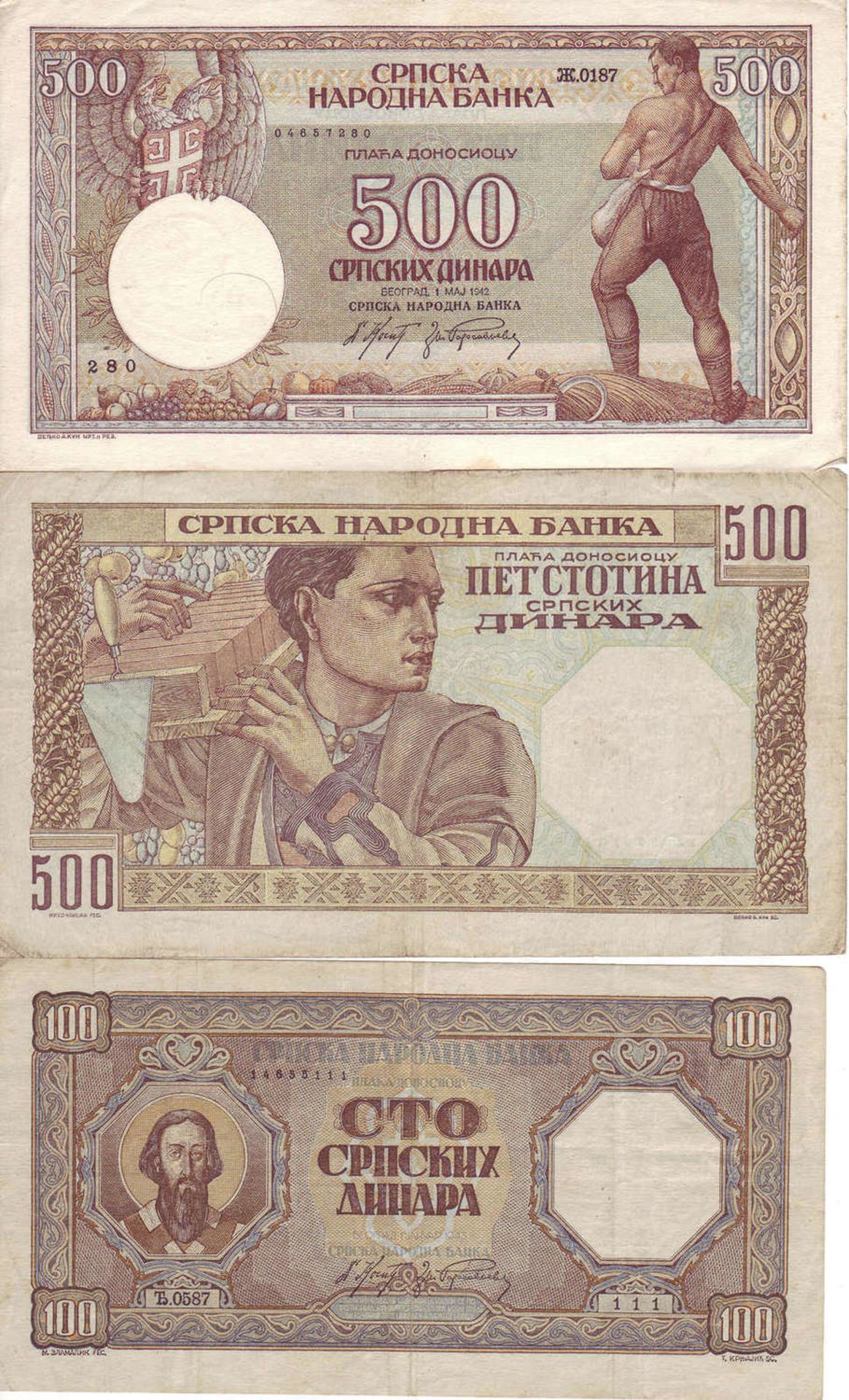 Serbien 19*41/42, kleines Lot Banknoten, bestehend aus: 1 x 500 Dinara (1941), 2 x 100 Dinara ( - Bild 2 aus 2