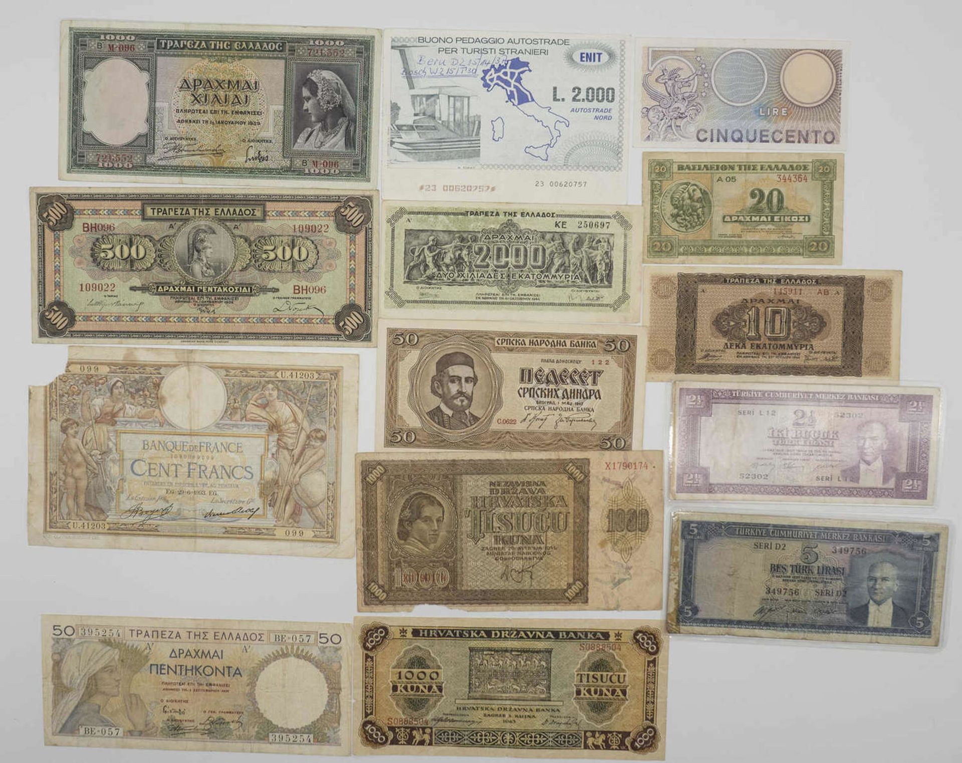 Lot Banknoten, dabei Kroatien, Jugoslawien, Island, Griechenland, Kolumbien, Chile, Frankreich, - Bild 2 aus 2
