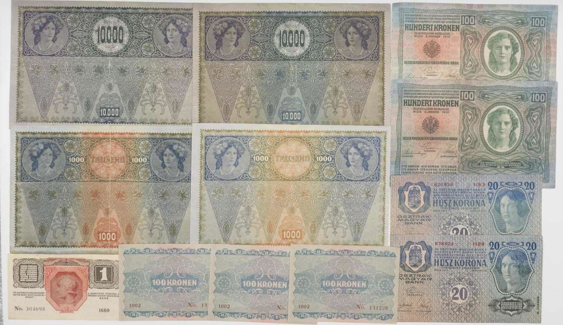 Österreich-Ungarn 1902/22, Lot Banknoten, bestehend aus: 2 x 1918 DÖ 10.000.- Kronen, 2 x 1902 DÖ