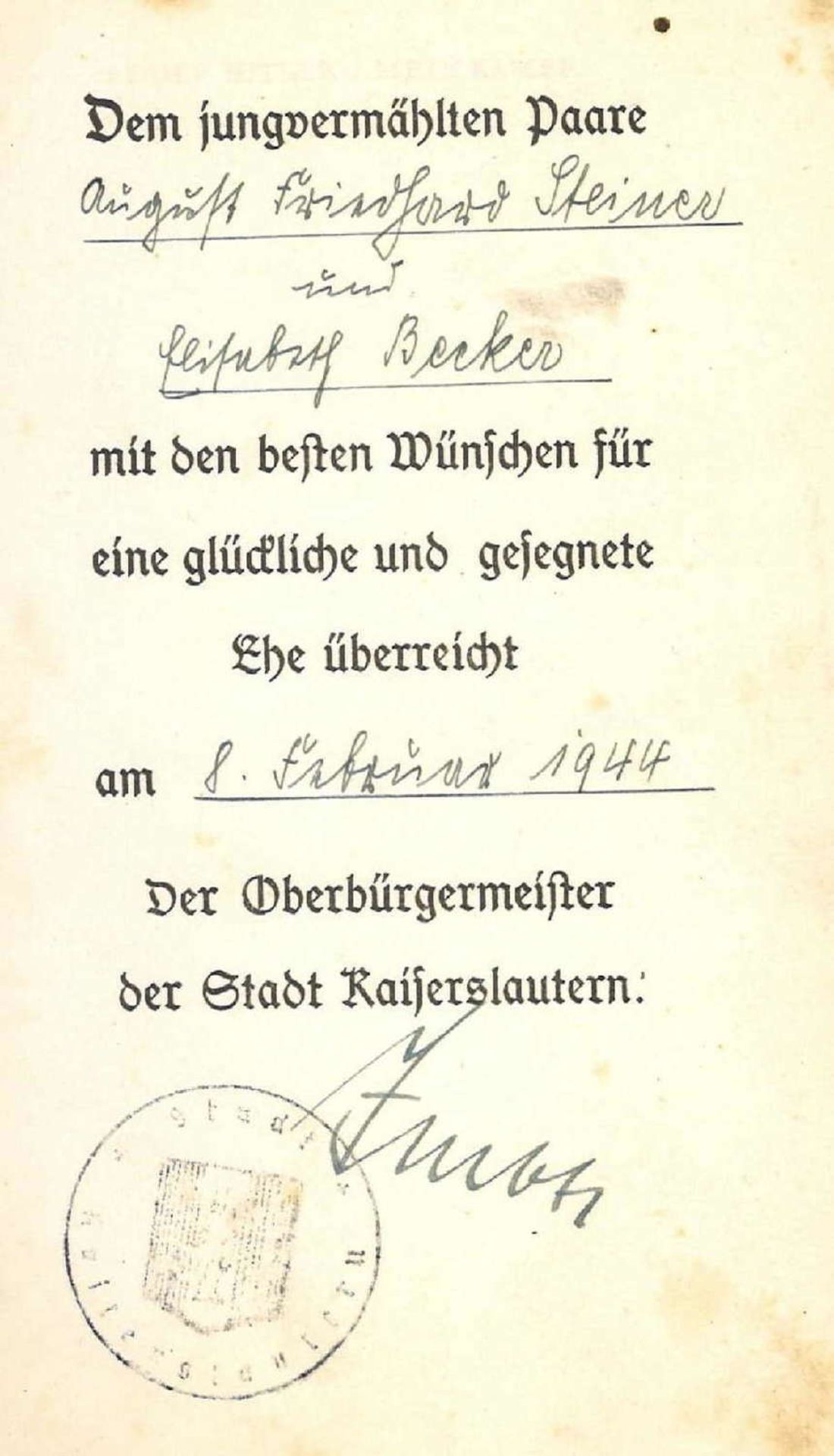 Adolf Hitler, Mein Kampf. Hochzeitsausgabe am 8. Februar 1944 durch den Oberbürgermeister der - Bild 3 aus 3