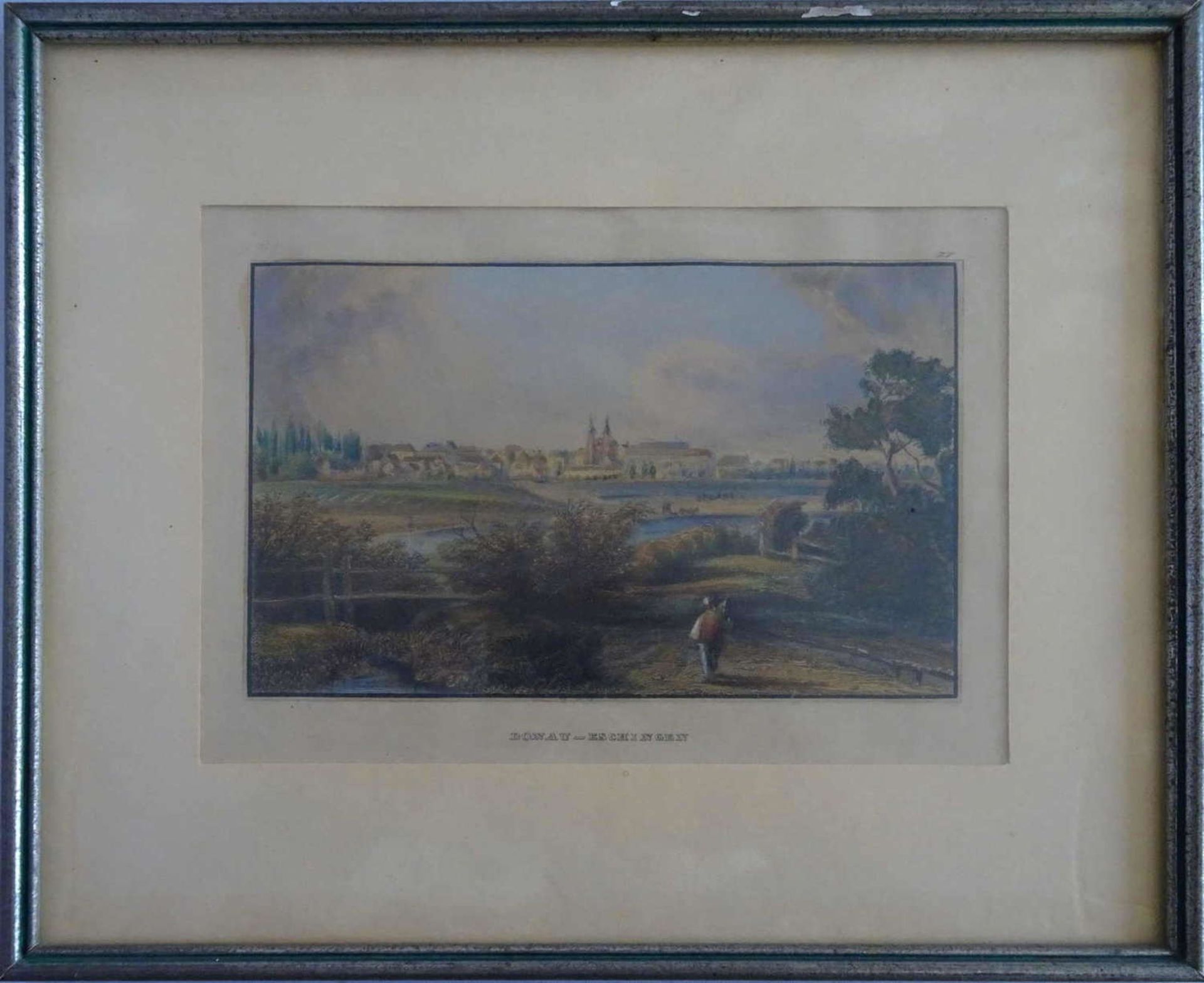 Eine gerahmte Ansicht: Donau-Eschingen, coloriert. Maße: Breite ca. 26,5 cm x Höhe 22 cm.A framed
