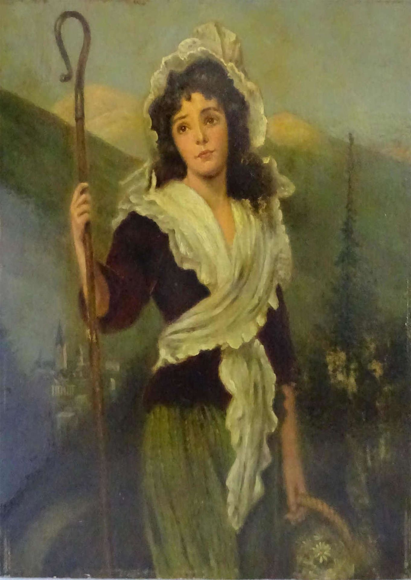 Gemälde "Holland Frau mit Hirtenstab" auf Holzplatte in alten Rahmen. Innenmaße: höhe ca. 50 cm,