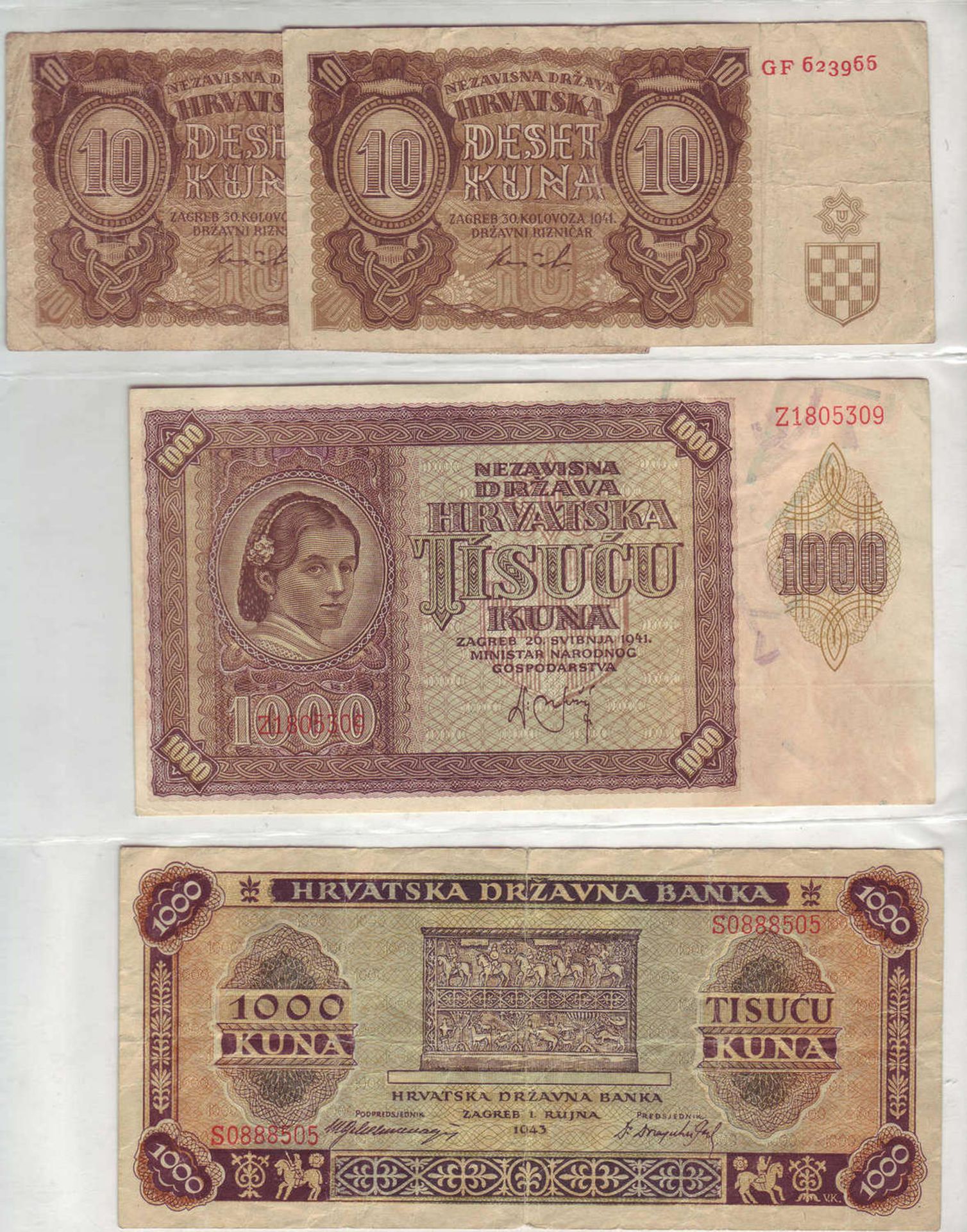 Kroatien 1941/43, kleines Lot Banknoten, bestehend aus 2 x 10 Kuna 1941, 1 x 100 Kuna 1943 und 1 x - Bild 2 aus 2