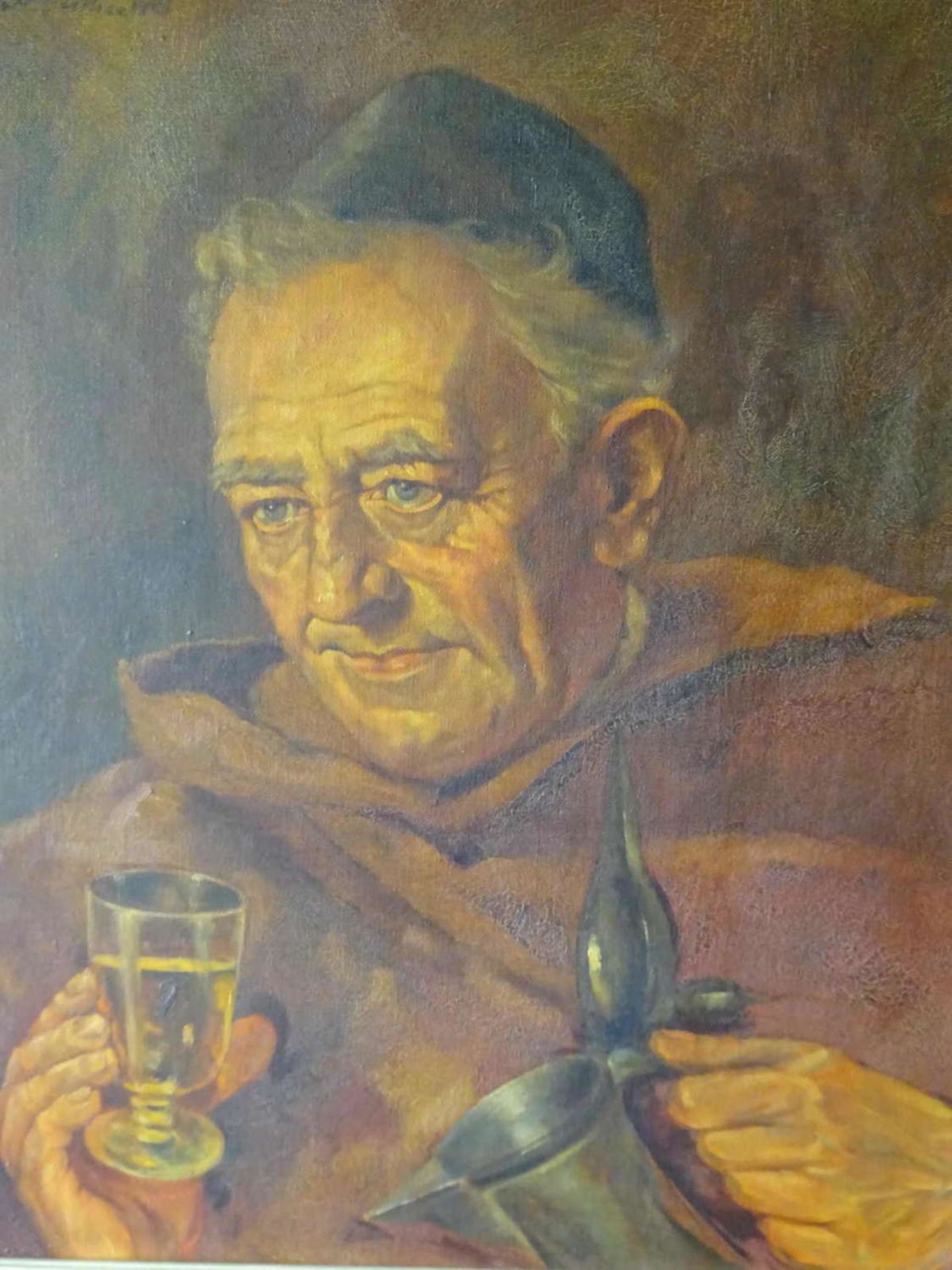 Karl Bleiheuser?, Ölgemälde auf Leinwand, "Mönch bei der Weinprobe", im goldenen Prunkrahmen, - Bild 2 aus 3