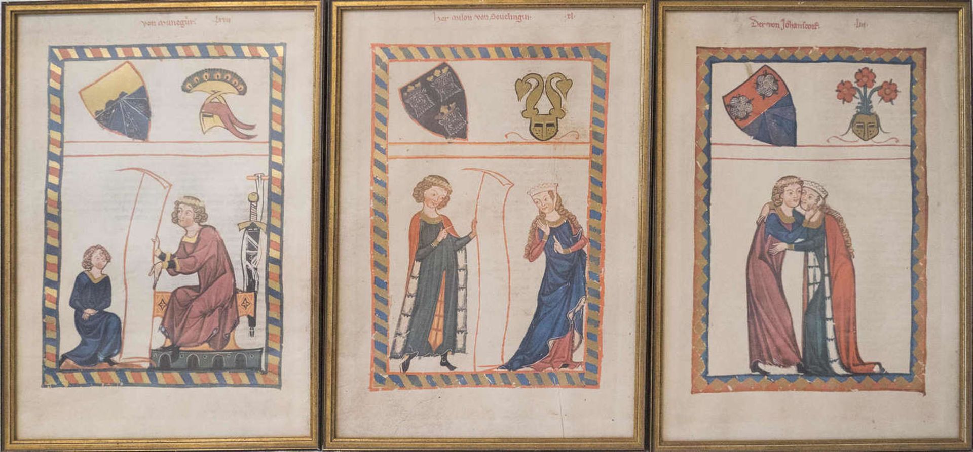 Rahmenkonvolut mit Bildern aus dem "Codex manesse". - Dr von Johansdorf, Gottfried von Neifen etc.
