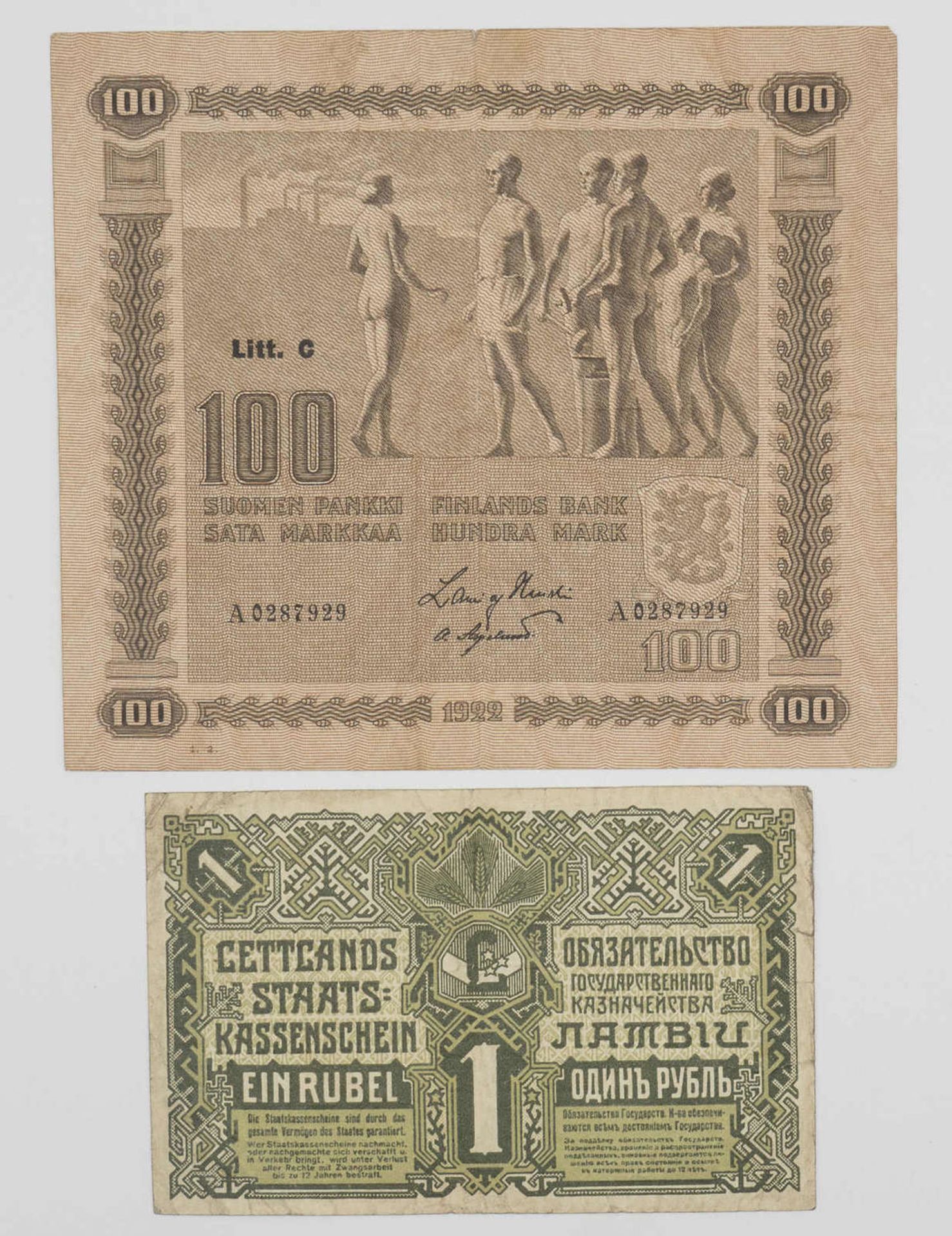 Finnland 1922, 100.- Markkaa - Banknote. Erhaltung: ss. Dazu Lettland 1919, Staatskassenschein 1