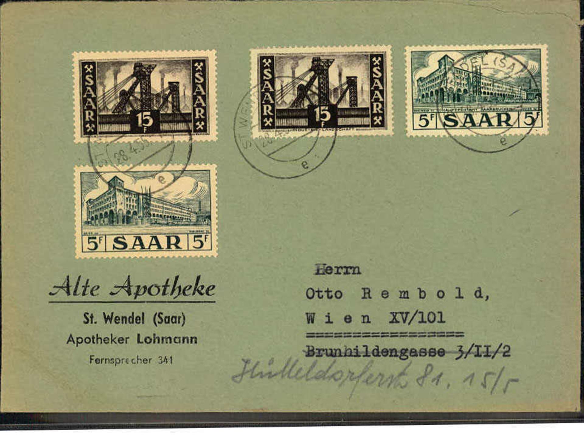Saar 1952, Mi.-Nr. 322 und 327 (jeweile 2x) auf Brief.Saar 1952, Michel no. 322 and 327 (each 2x) on