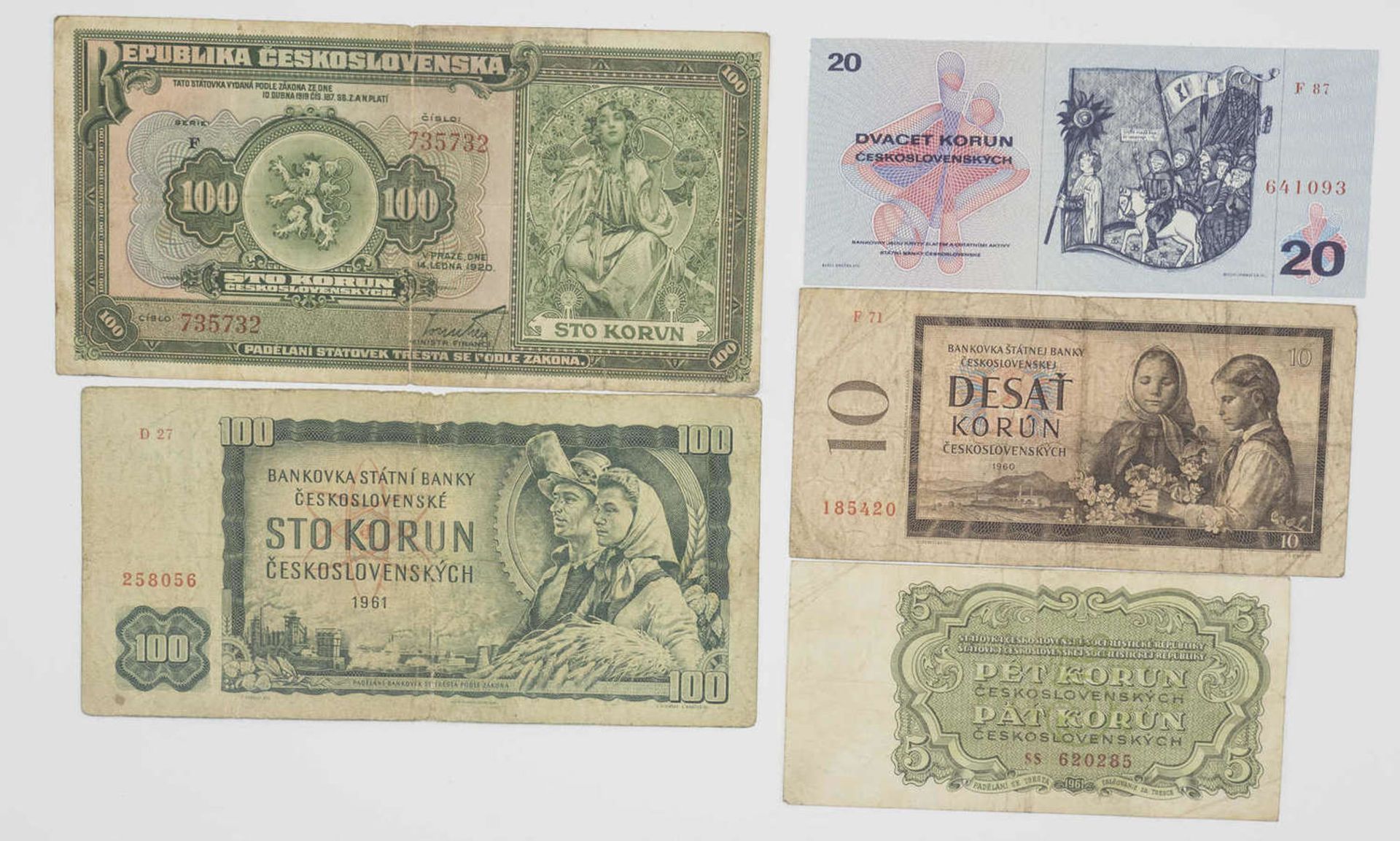 Tschechoslowakei 1920/70, kleines Lot Banknoten, bestehend aus: 1 x 100 Korun (1920), 1 x 100