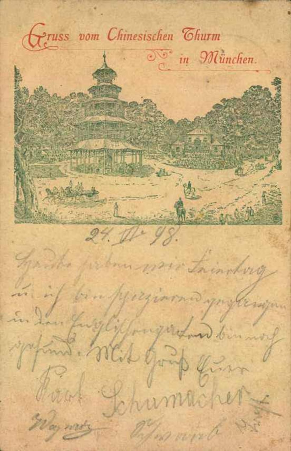 Ansichtskarte ,"Gruß vom chinesichen Thurm in München", beschrieben und gelaufenPostcard, "Greetings