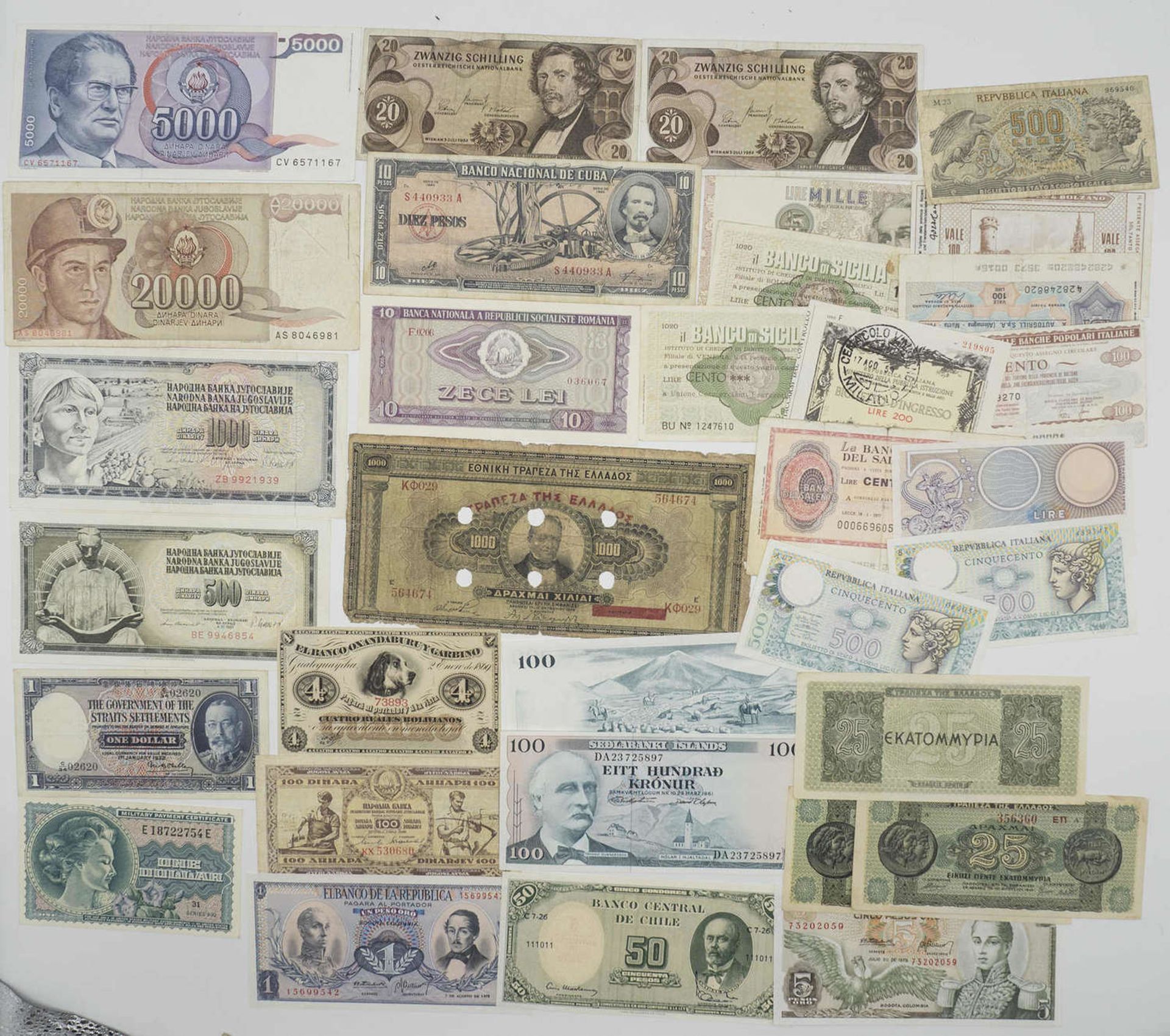 Lot Banknoten, dabei Kroatien, Jugoslawien, Island, Griechenland, Kolumbien, Chile, Frankreich,