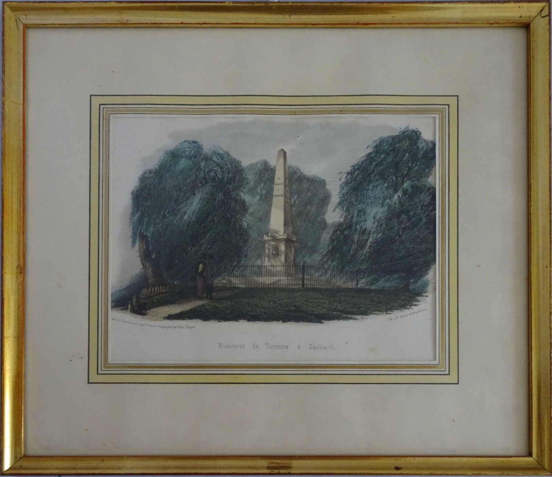 Eine gerahmte Ansicht: Monument de Turenne à Sasbach.Maße: Breite ca. 30 cm x Höhe 26 cm.A framed