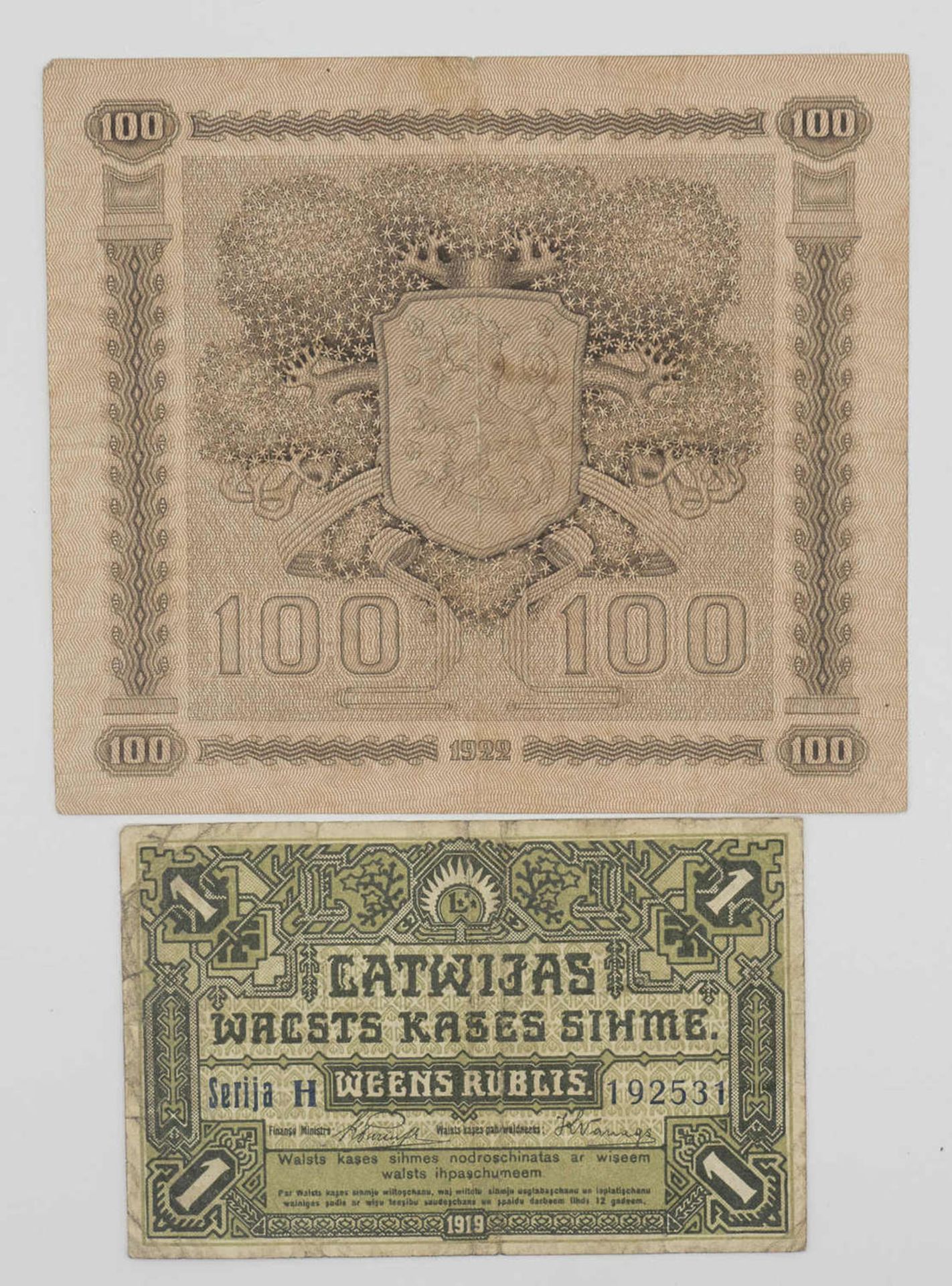 Finnland 1922, 100.- Markkaa - Banknote. Erhaltung: ss. Dazu Lettland 1919, Staatskassenschein 1 - Bild 2 aus 2