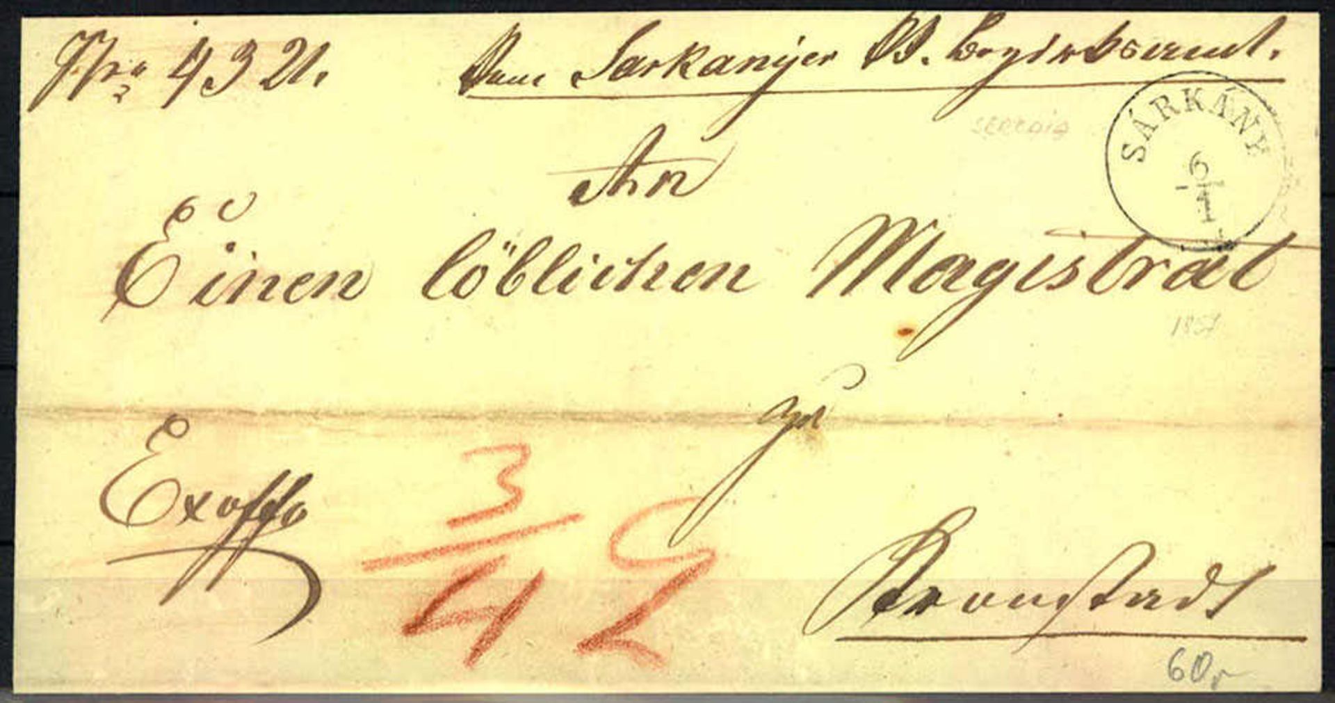 Ungarn 1857, Vorphilatelie - Brief von Sarkany nach Kronstadt. Mit Ankunftsstempel.Hungary 1857,