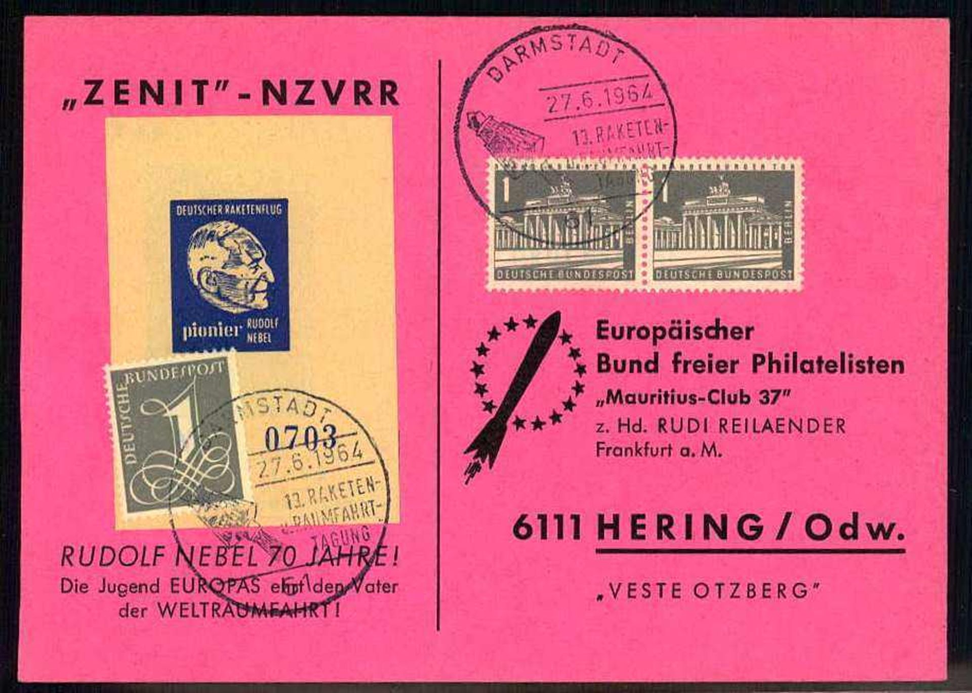 Berlin 1964 Beleg Raketentagung 27.06.1964 mit Sonderstempel.Berlin 1964 receipt rocket conference - Bild 2 aus 2