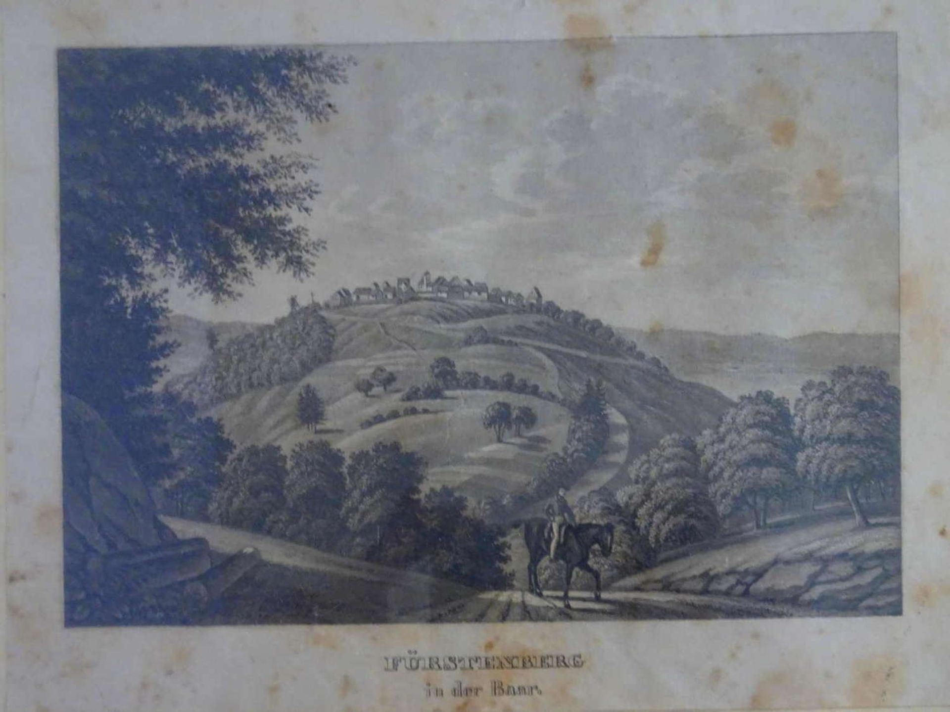 Eine gerahmte Ansicht: Fürstenberg in der Baar, 19. Jahrhundert. Maße: Breite ca. 31,5 cm x Höhe - Bild 2 aus 2
