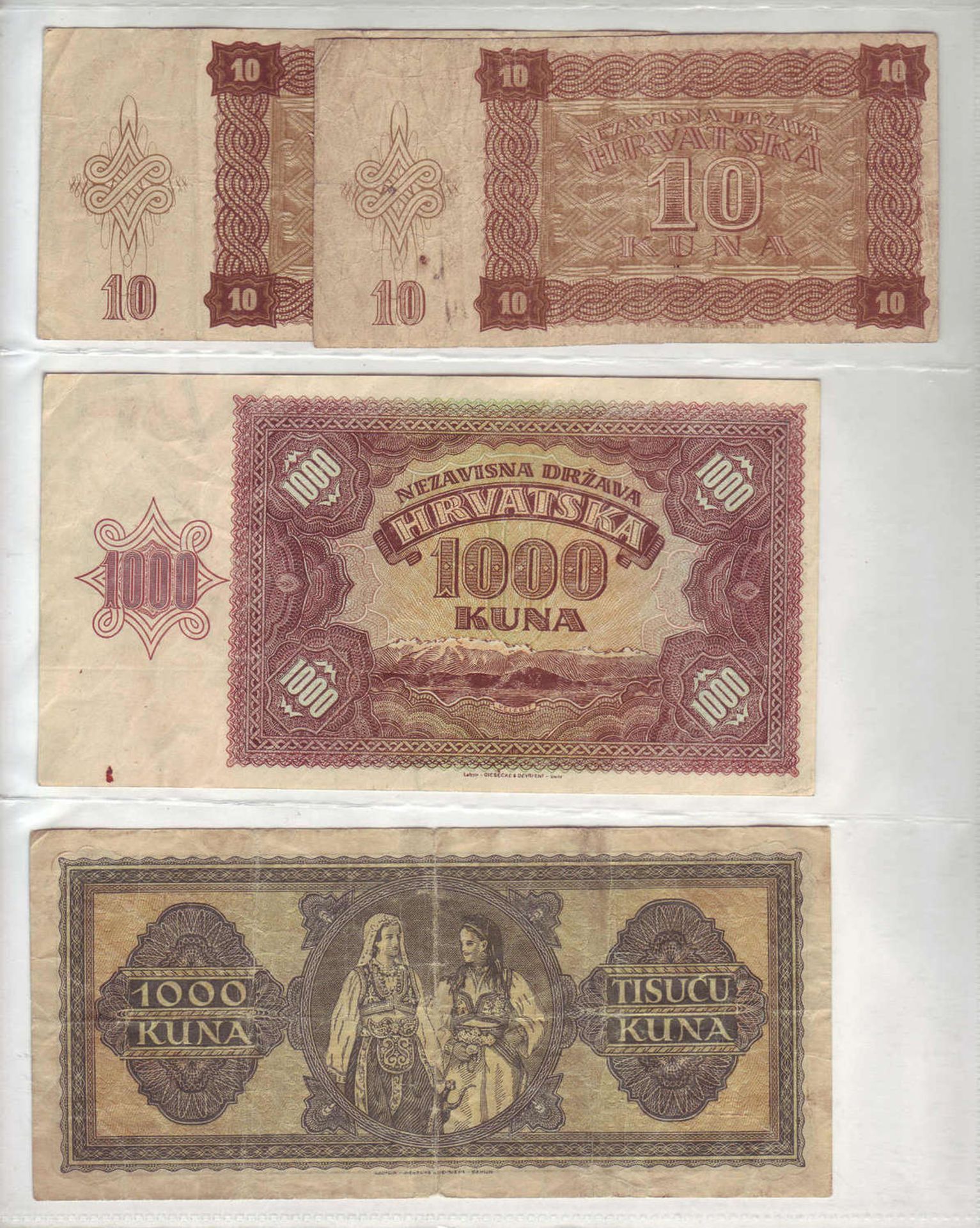 Kroatien 1941/43, kleines Lot Banknoten, bestehend aus 2 x 10 Kuna 1941, 1 x 100 Kuna 1943 und 1 x