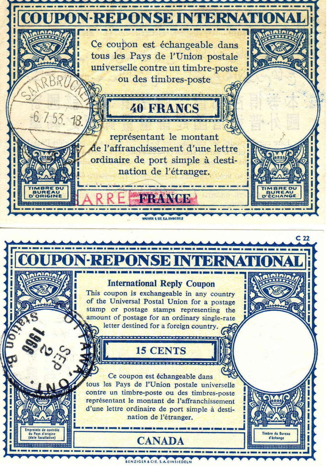 Zwei Internationale Antwortscheine /Coupon-Reponse international), 1 x Canada, 15 Cents und 1 x