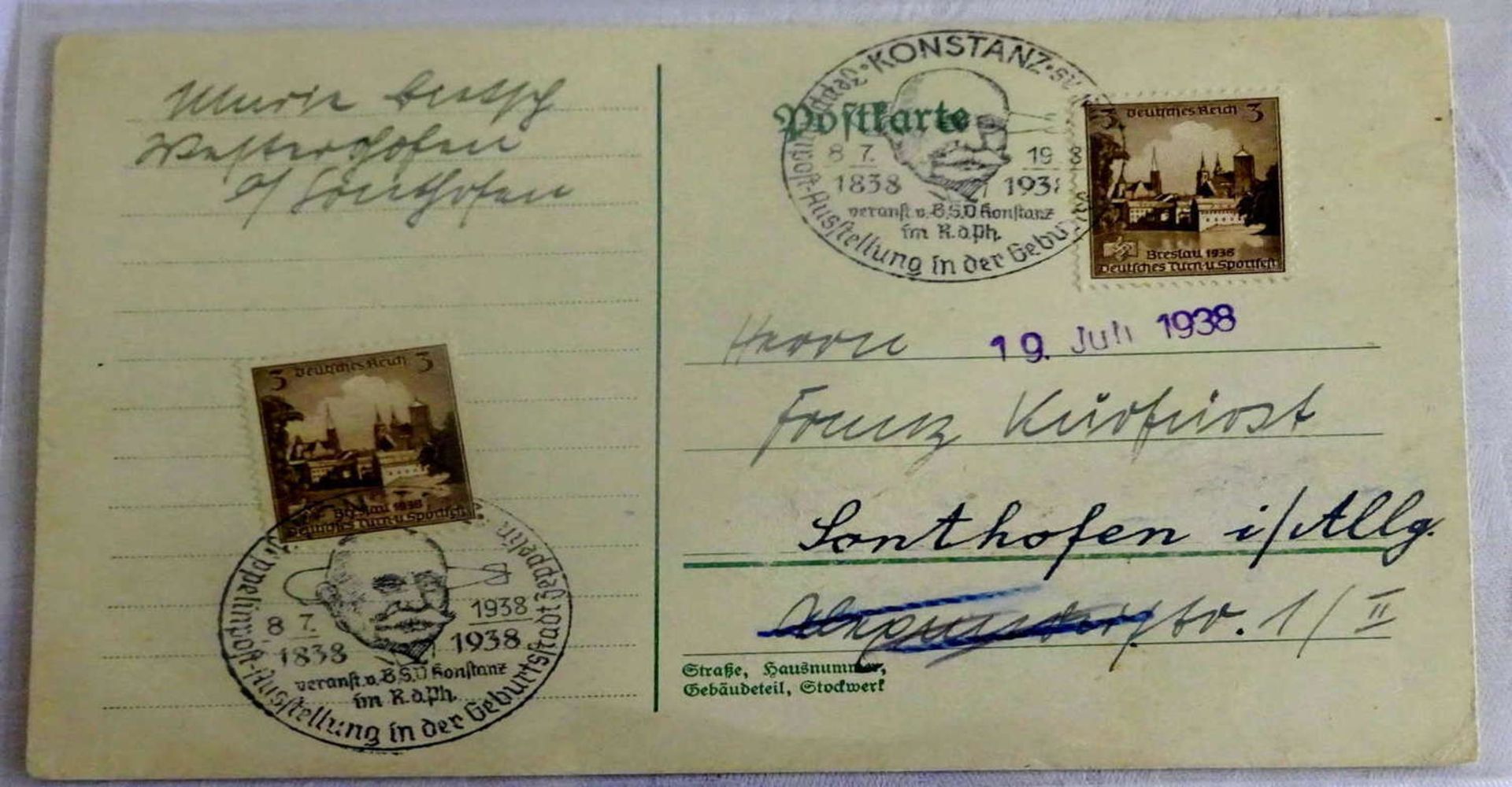 Karte mit 2 Sonderstempel "Konstanz Zeppelinpost-Ausstellung" Sieger 0455 IXCard with 2 special