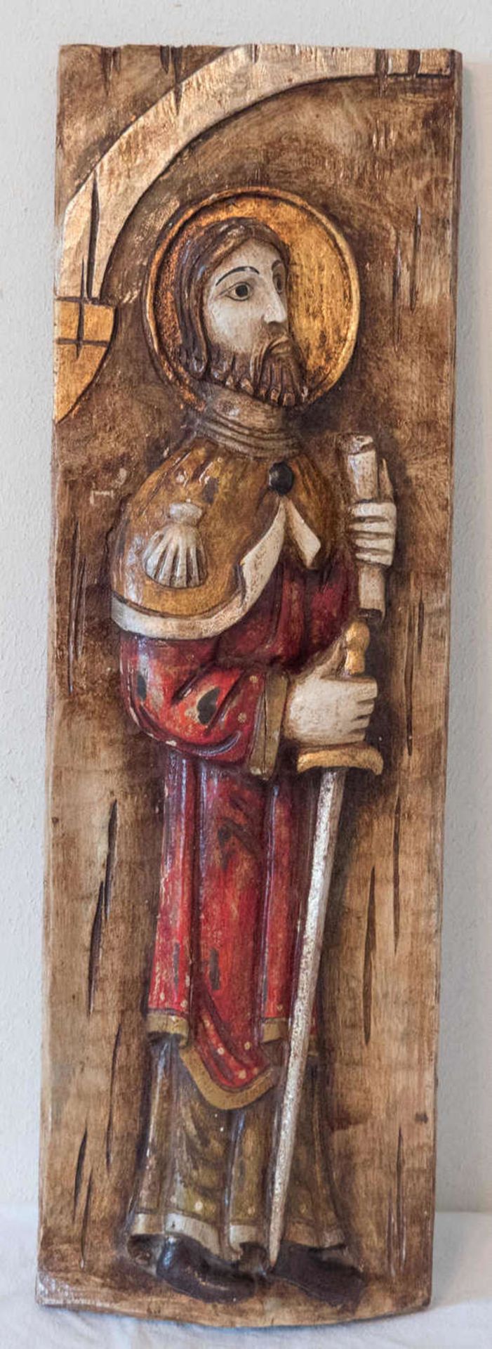 Wood relief "Spanish saint". Height: approx. 61 cm. Colored outfitted.