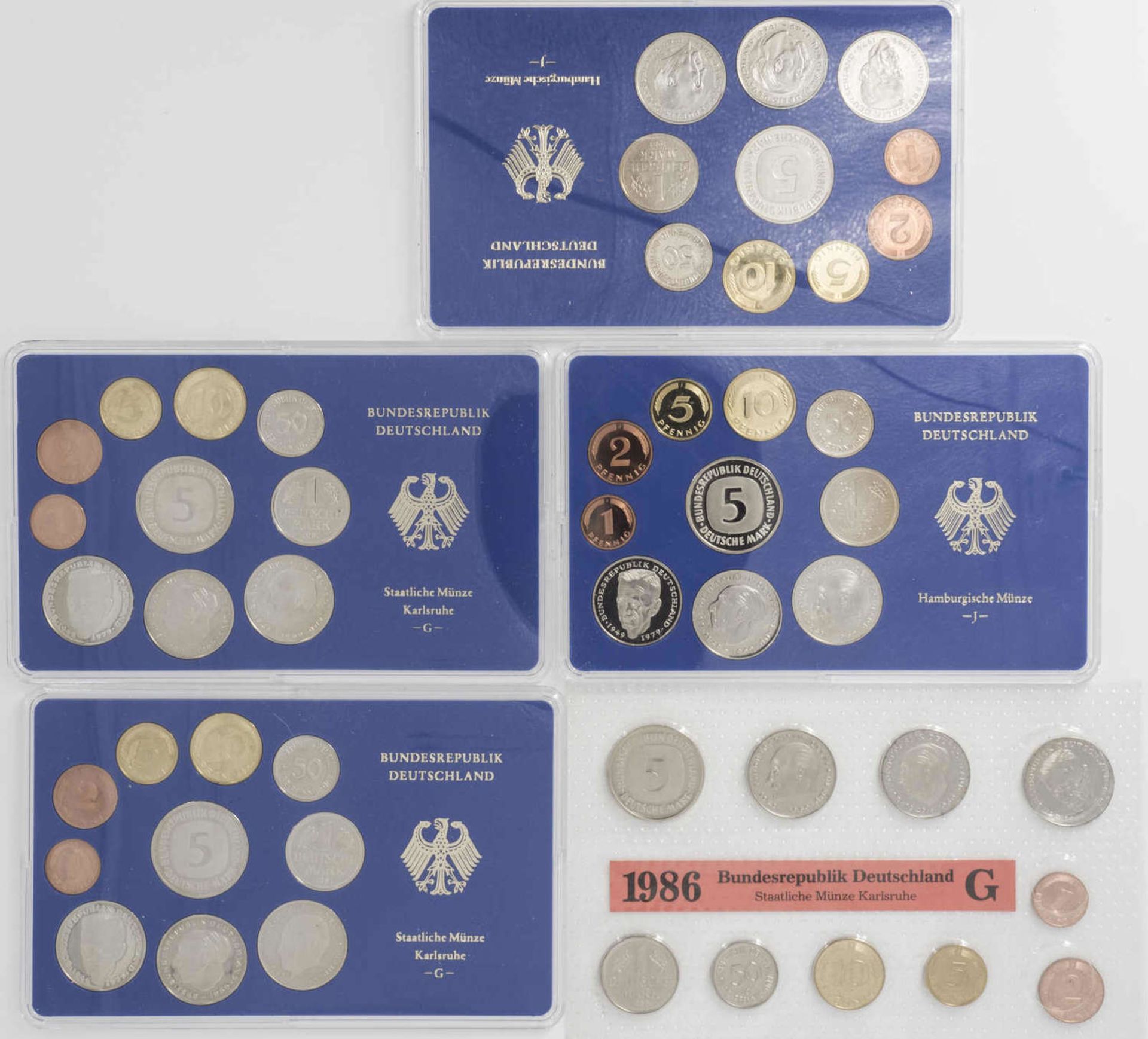 BRD 1981, coin sets 2 x G and 2 x J, Proof. In addition 1986 G course coin set, BU.