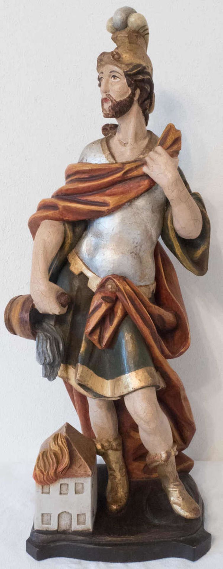 Wooden figure "St. Florian". Height: approx. 57 cm. Colored outfitted.