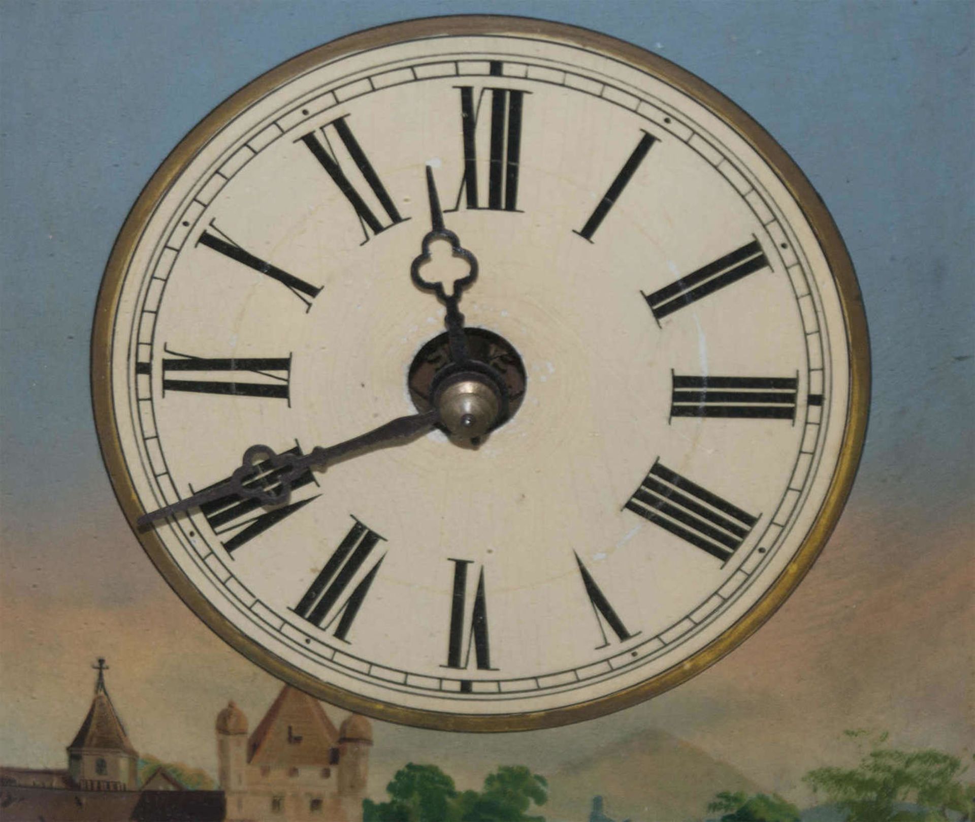 Wall clock, painted with village scene, probably Switzerland. With 3 weights. Function not tested. - Bild 3 aus 3