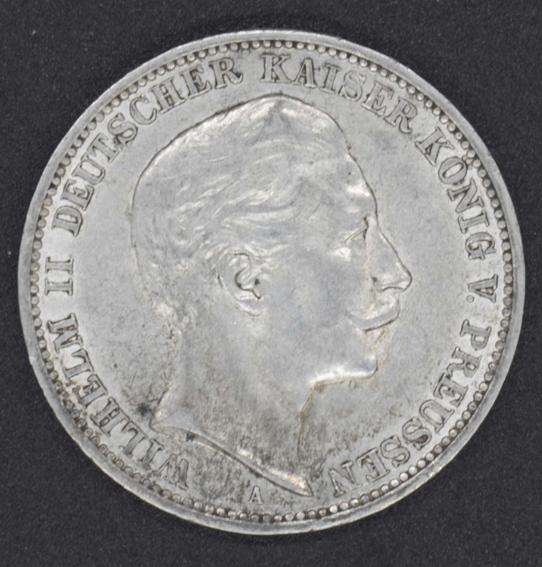 German Empire Prussia 1909 A, 3.- Mark - silver coin "Wilhelm II.". Jaeger 103 VF.