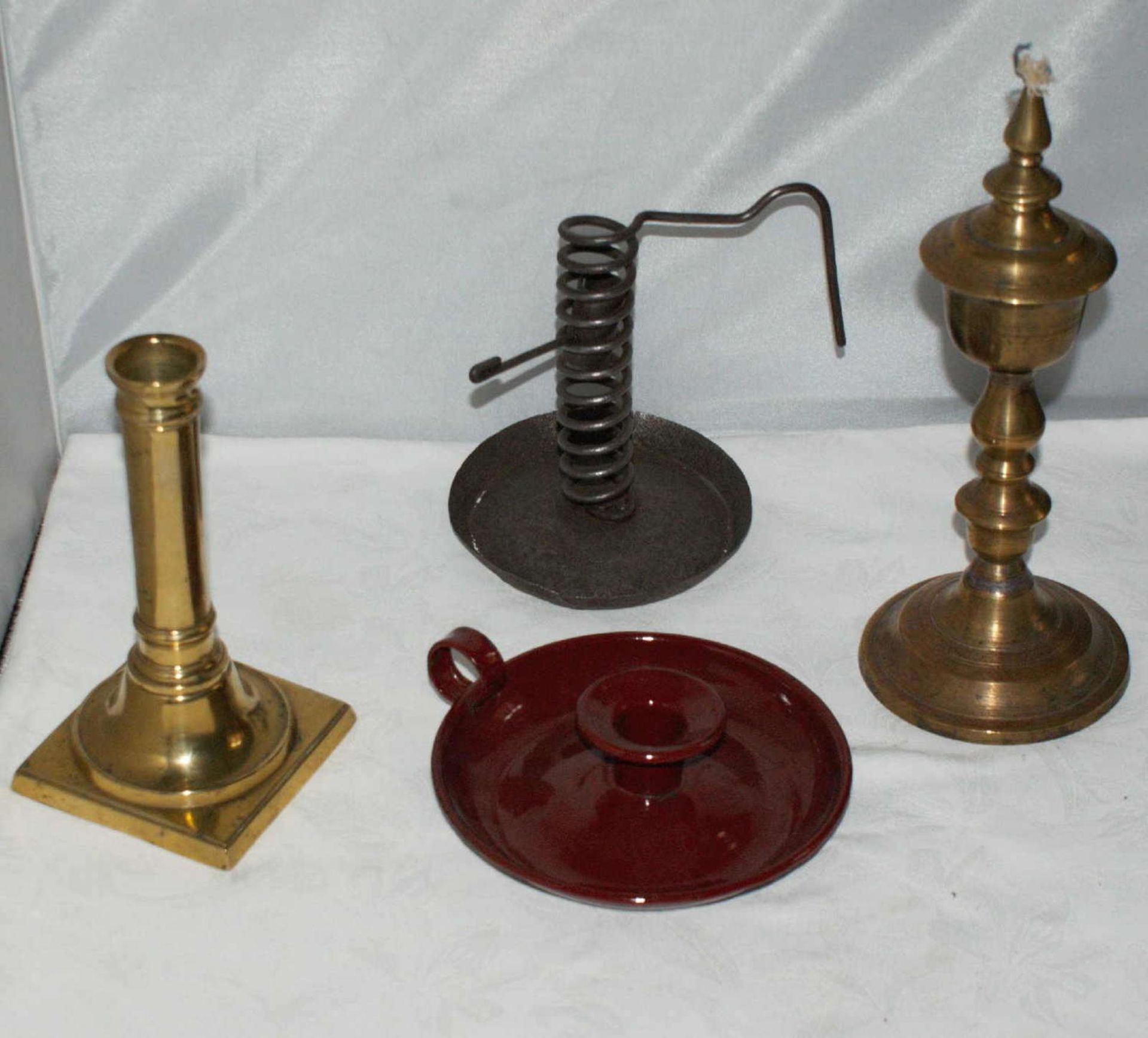 Lot candlestick, while enamel, metal with lathes, etc. Interesting lot.
